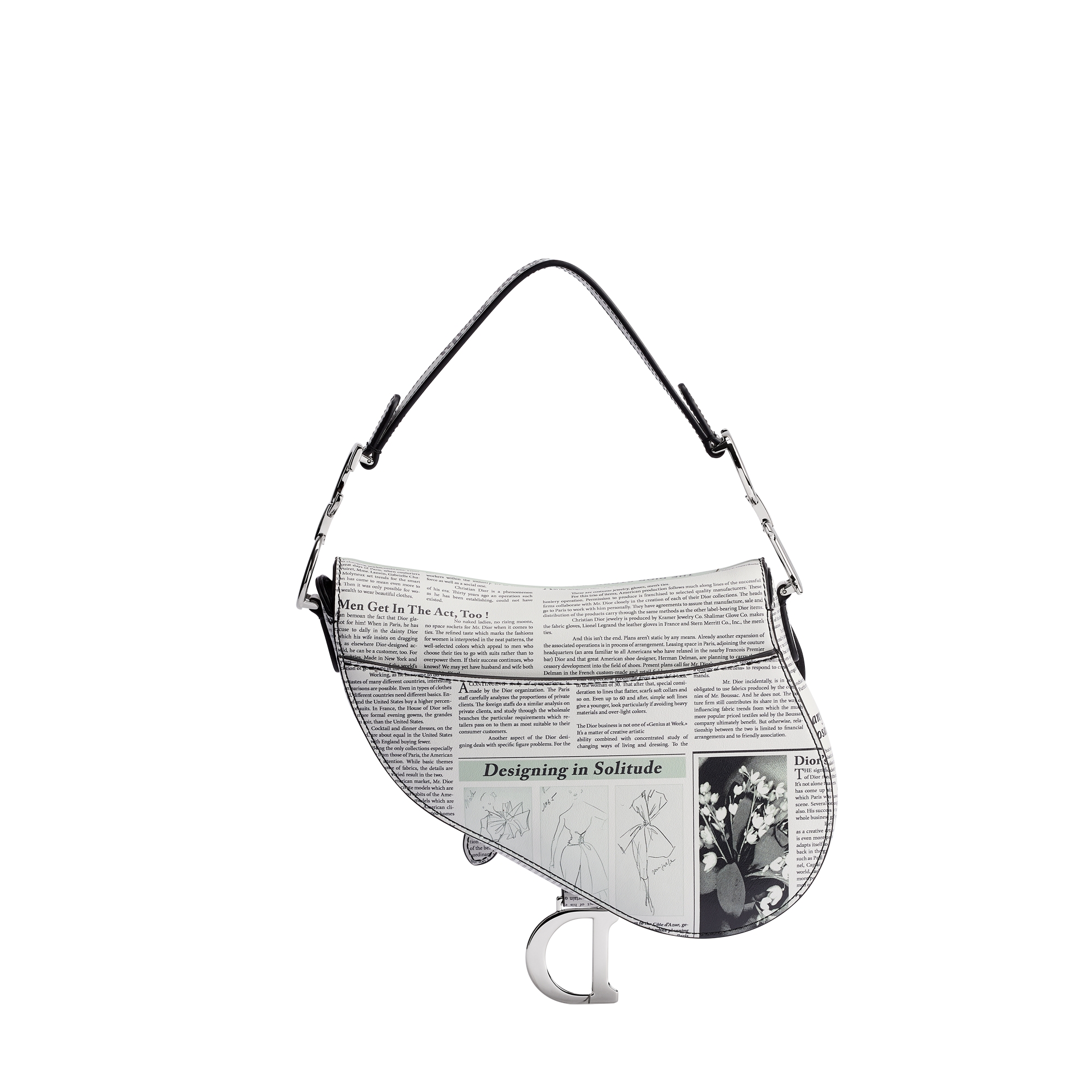 Small Saddle Bag with Strap White and Black Newspaper Printed Calfskin E08