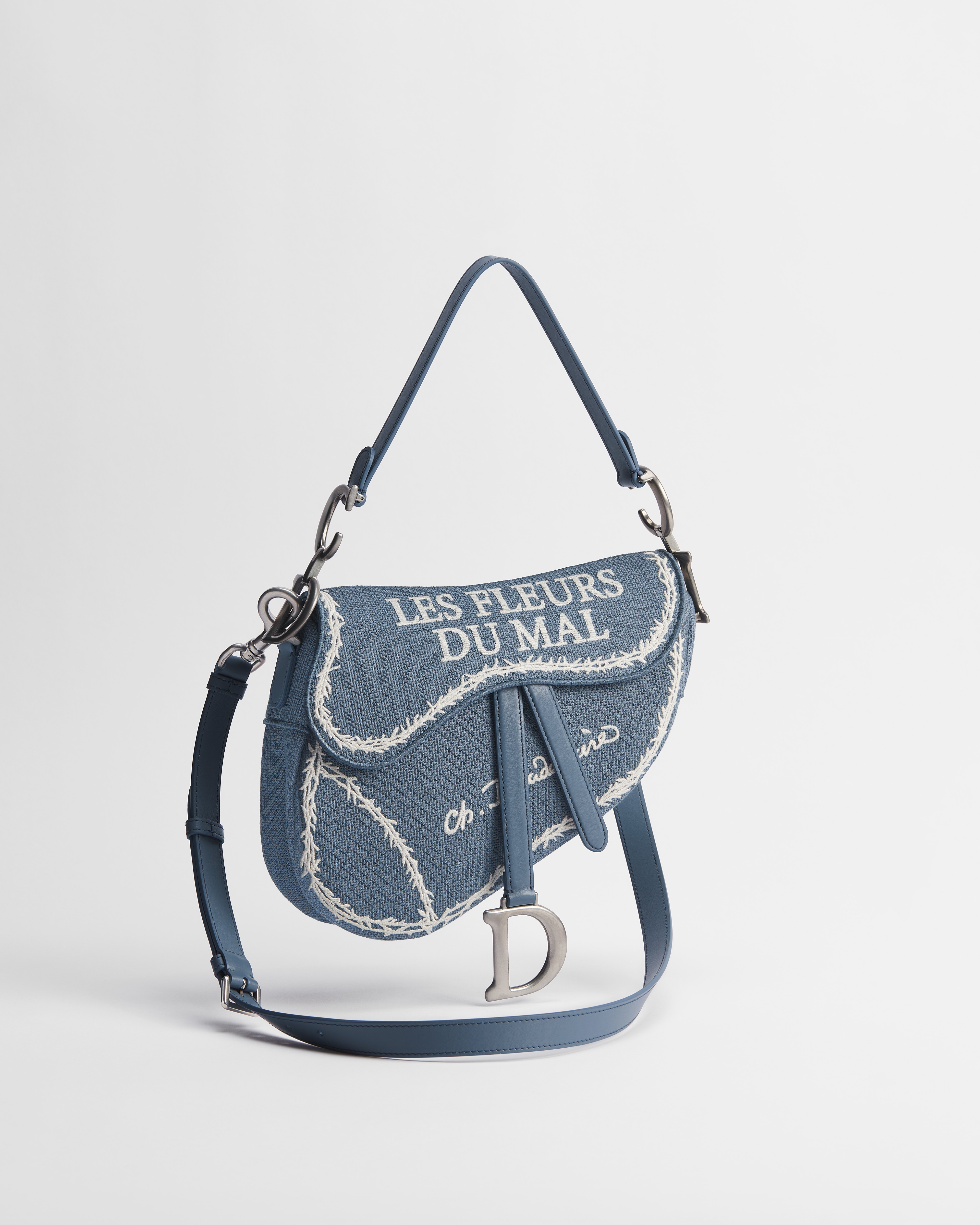 Saddle Bag mit Trageriemen Book Cover-Stickerei in Blau und Weiß E03