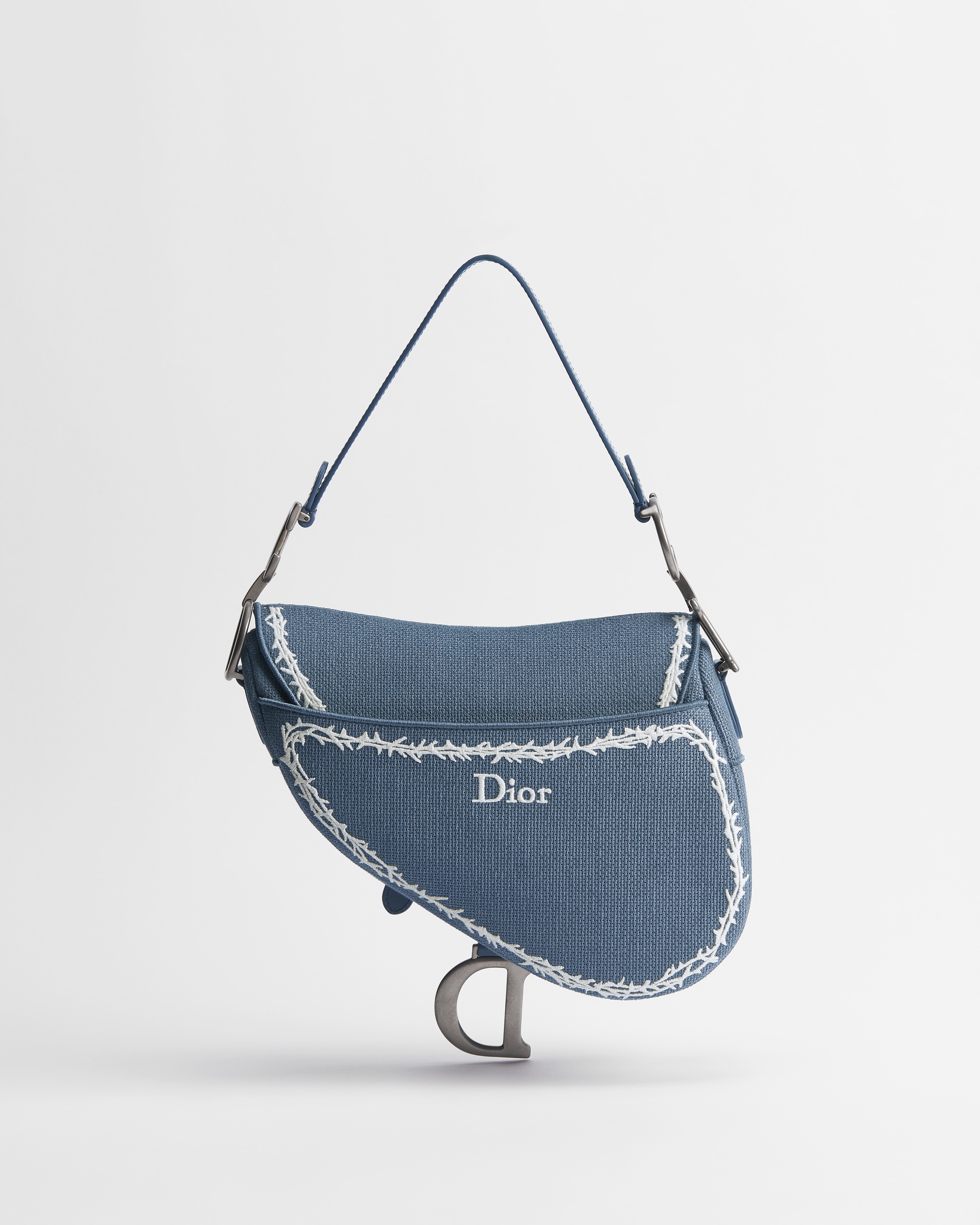 Saddle Bag mit Trageriemen Book Cover-Stickerei in Blau und Weiß E08