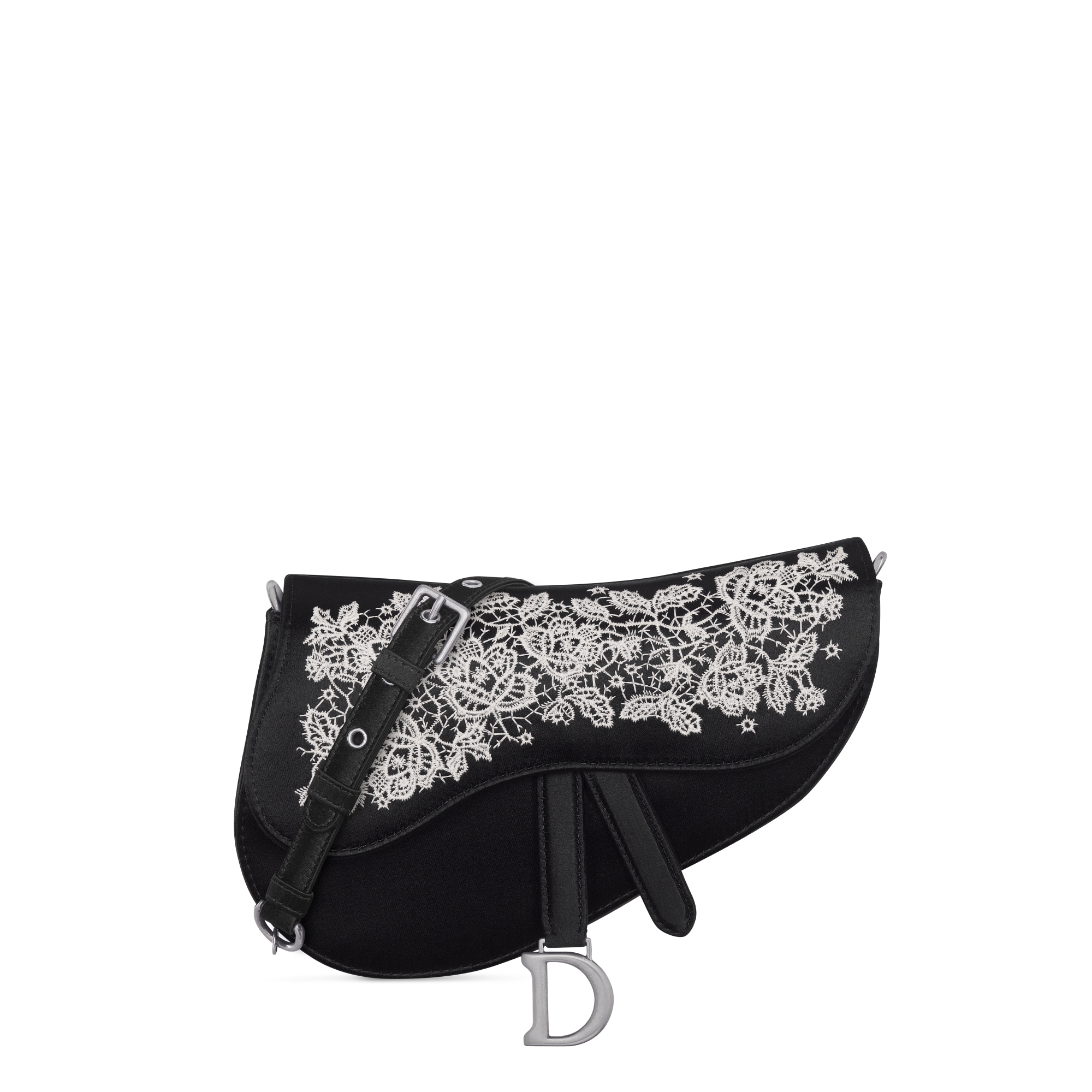 Small Saddle Bag with Chain Satin Embroidered with White Roses E01