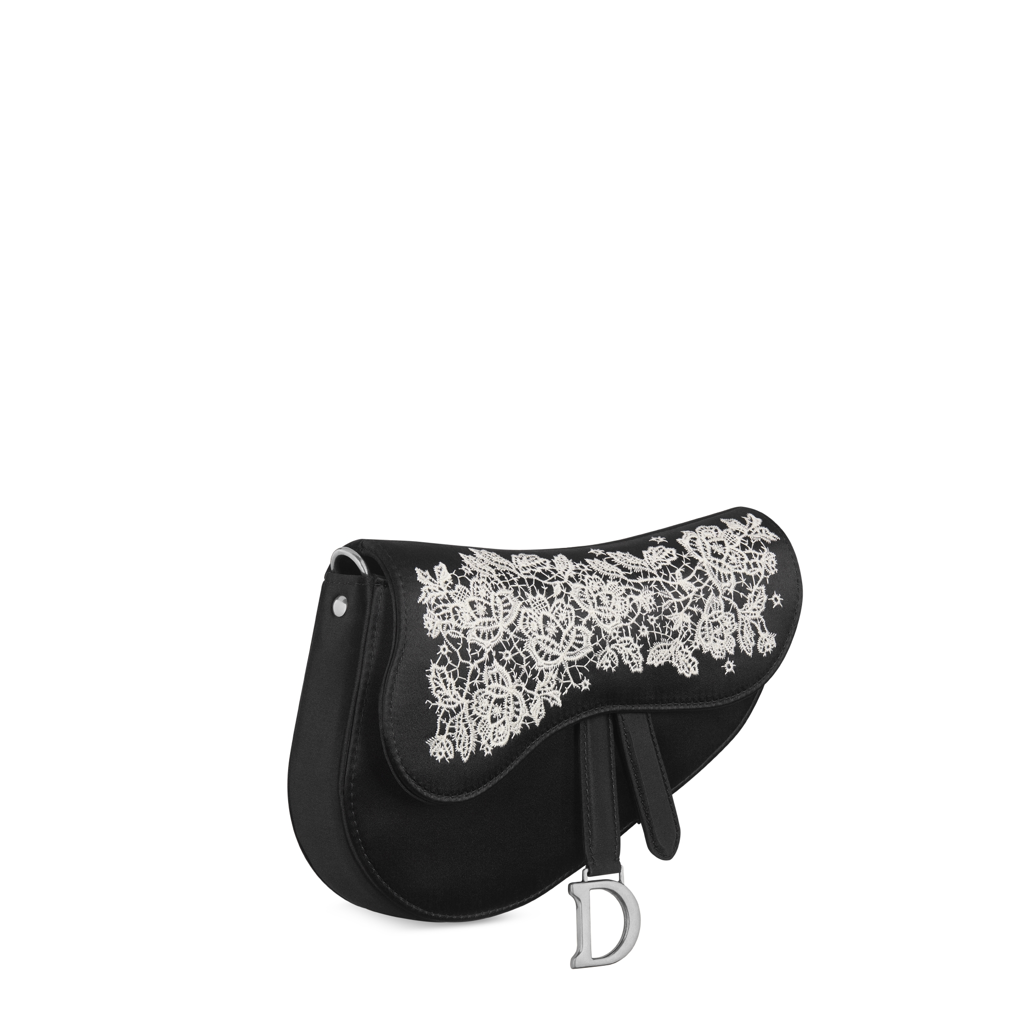 Sac Saddle Small à chaîne Satin brodé de roses blanches E03