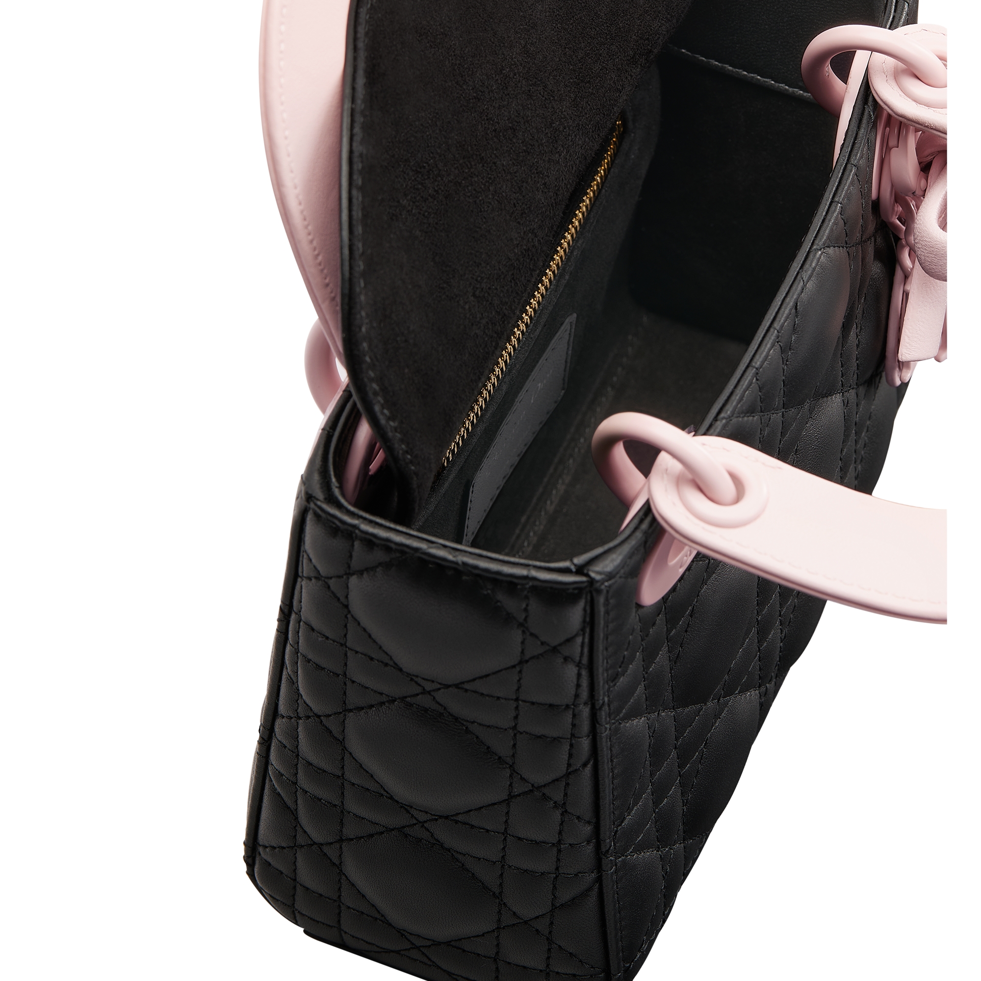 Mini Lady Dior Bag with Strap Black and Rose Soupir Cannage Lambskin E06