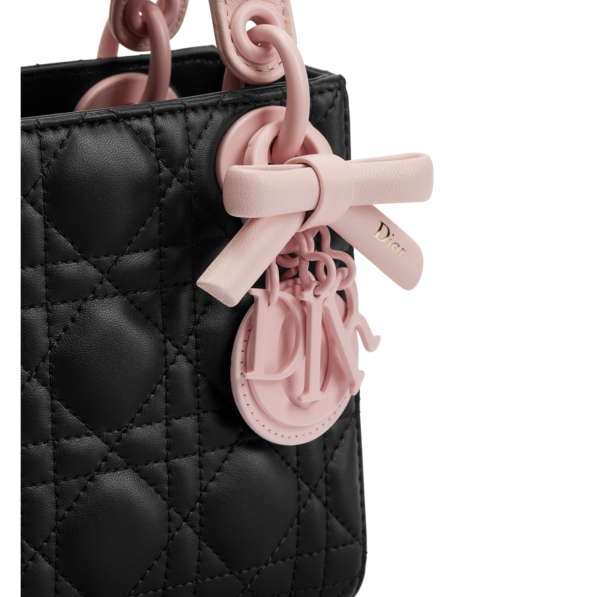 Mini Lady Dior Bag with Strap Black and Rose Soupir Cannage Lambskin E09