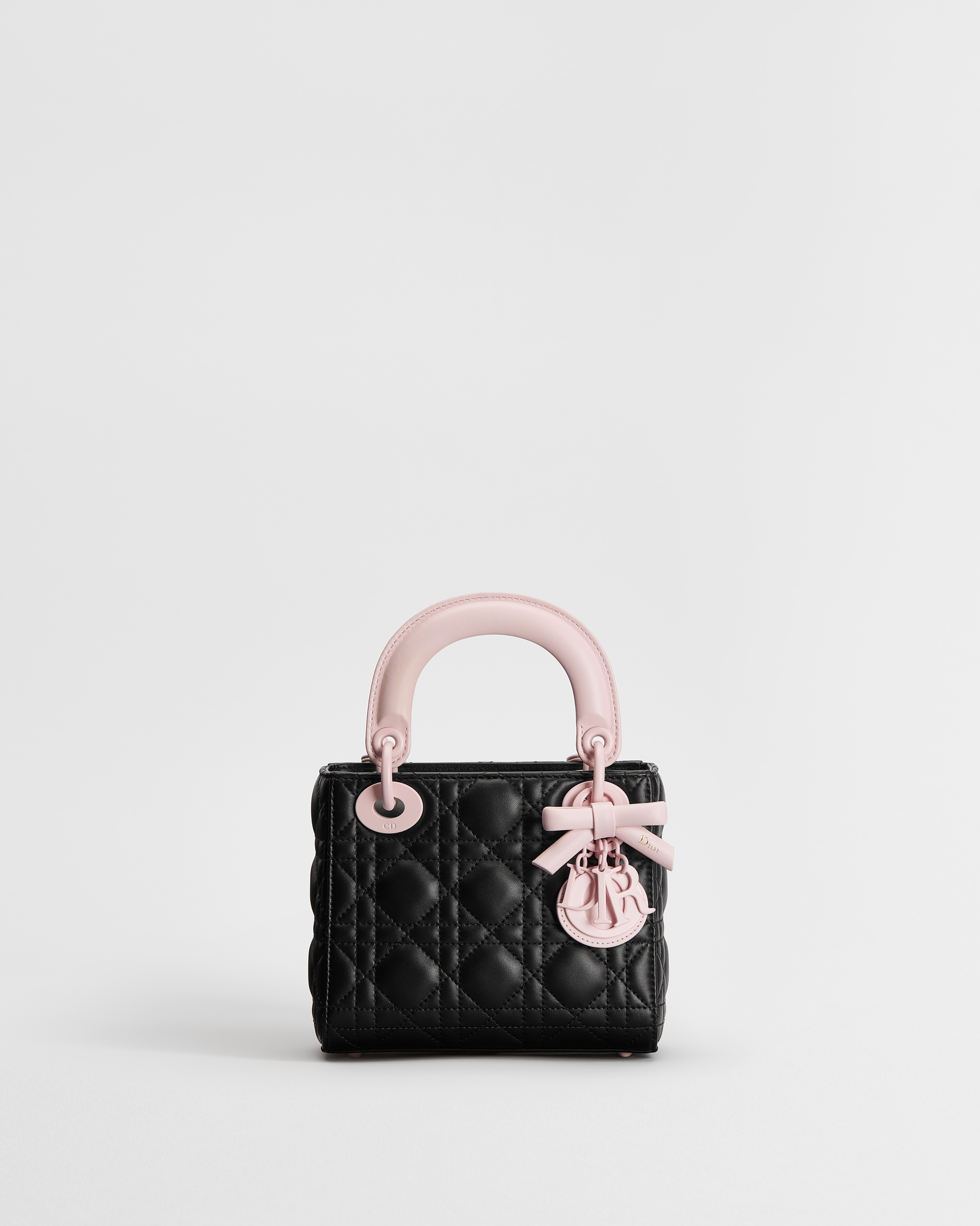 Mini Lady Dior Bag with Strap Black and Rose Soupir Cannage Lambskin E01