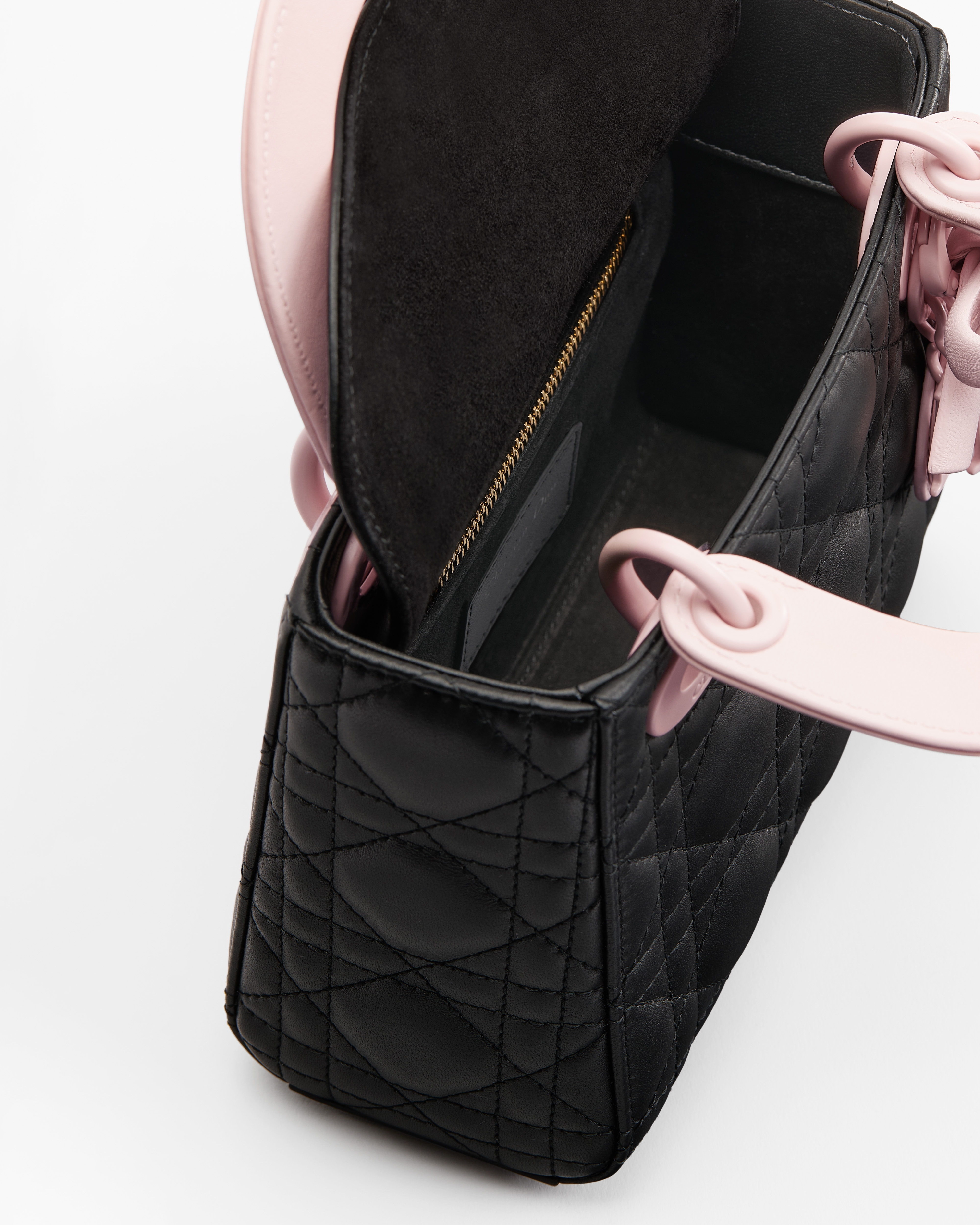 Mini Lady Dior Bag with Strap Black and Rose Soupir Cannage Lambskin E06