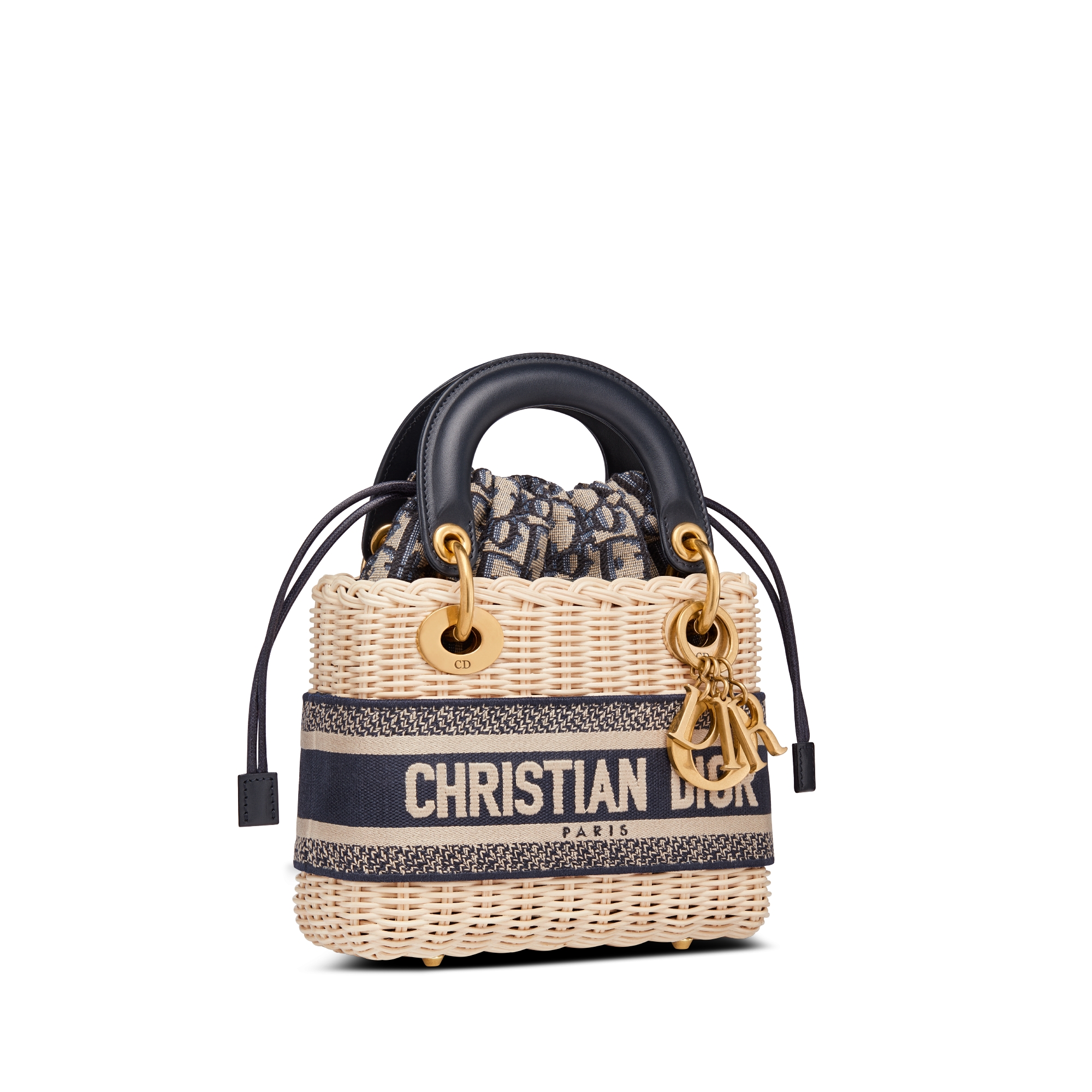 Mini Lady Dior Bag Natural Rattan and Blue Dior Oblique Jacquard E03