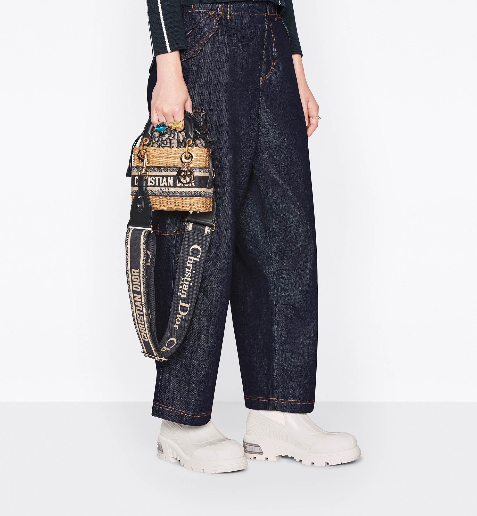 Mini Lady Dior Bag Natural Rattan and Blue Dior Oblique Jacquard E13