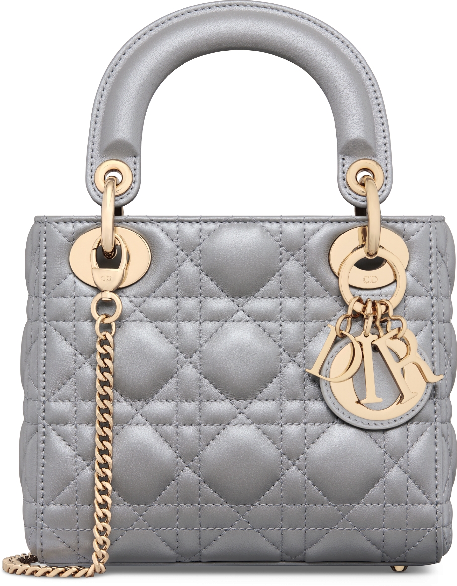 Mini Lady Dior Tasche Cannage Lammleder mit Perlmutteffekt in Opalgrau DIOR