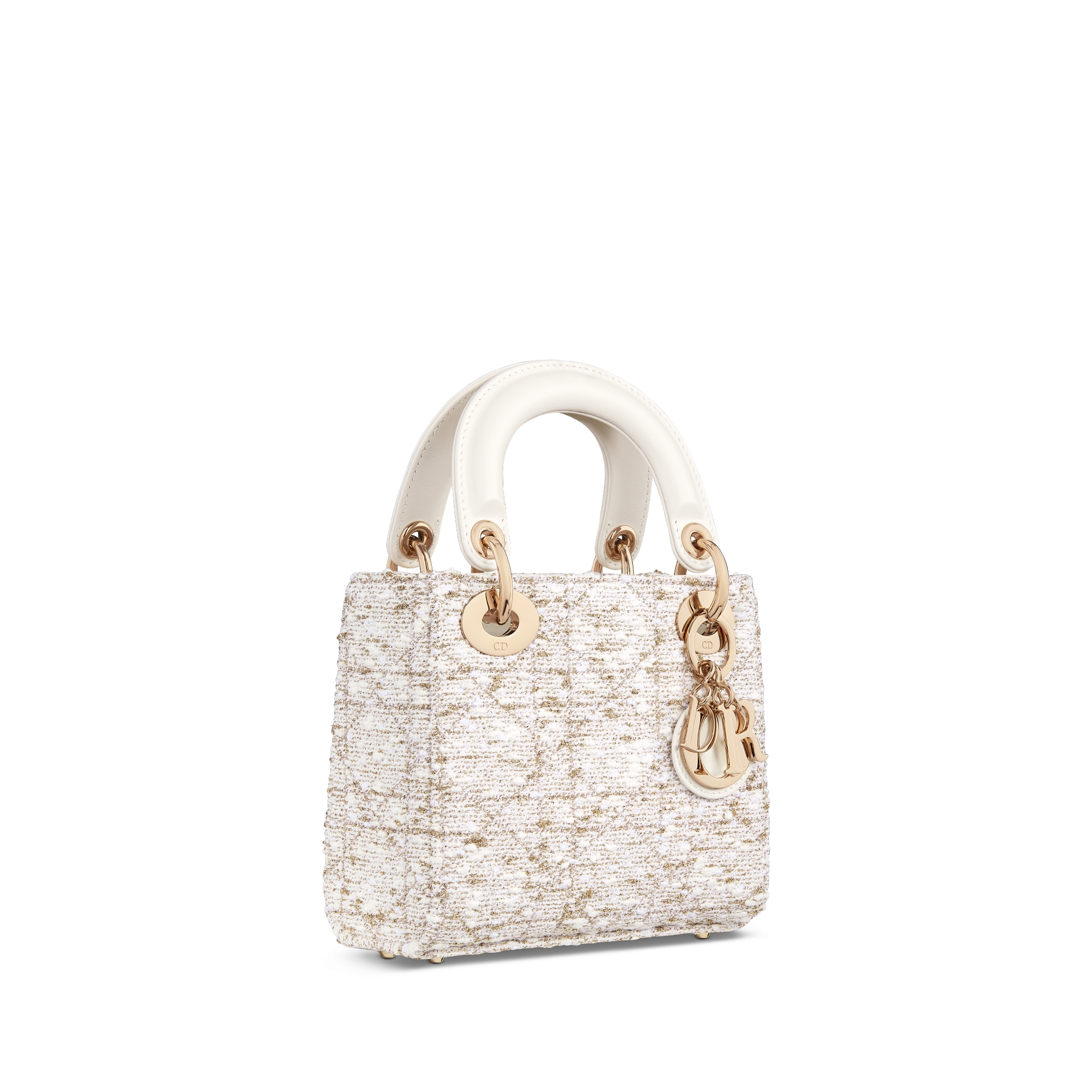 Dior Or Mini Lady Dior Bag White Tweed with Cannage Motif in Gold-Tone Metallic Thread E03