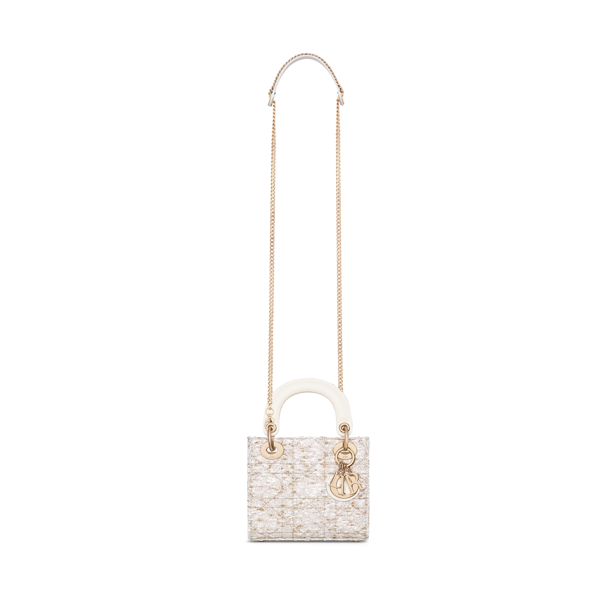 Dior Or Mini Lady Dior Bag White Tweed with Cannage Motif in Gold-Tone Metallic Thread E07