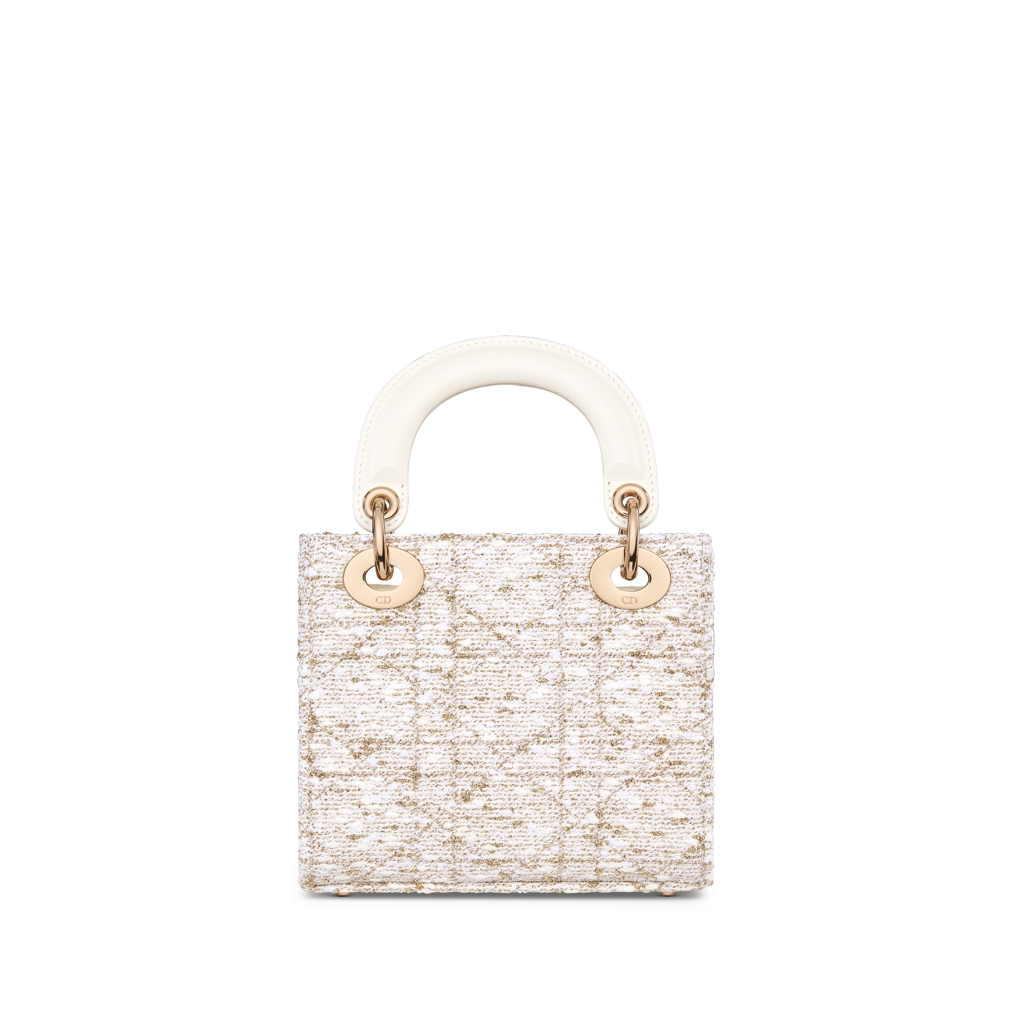 Dior Or Mini Lady Dior Bag White Tweed with Cannage Motif in Gold-Tone Metallic Thread E08