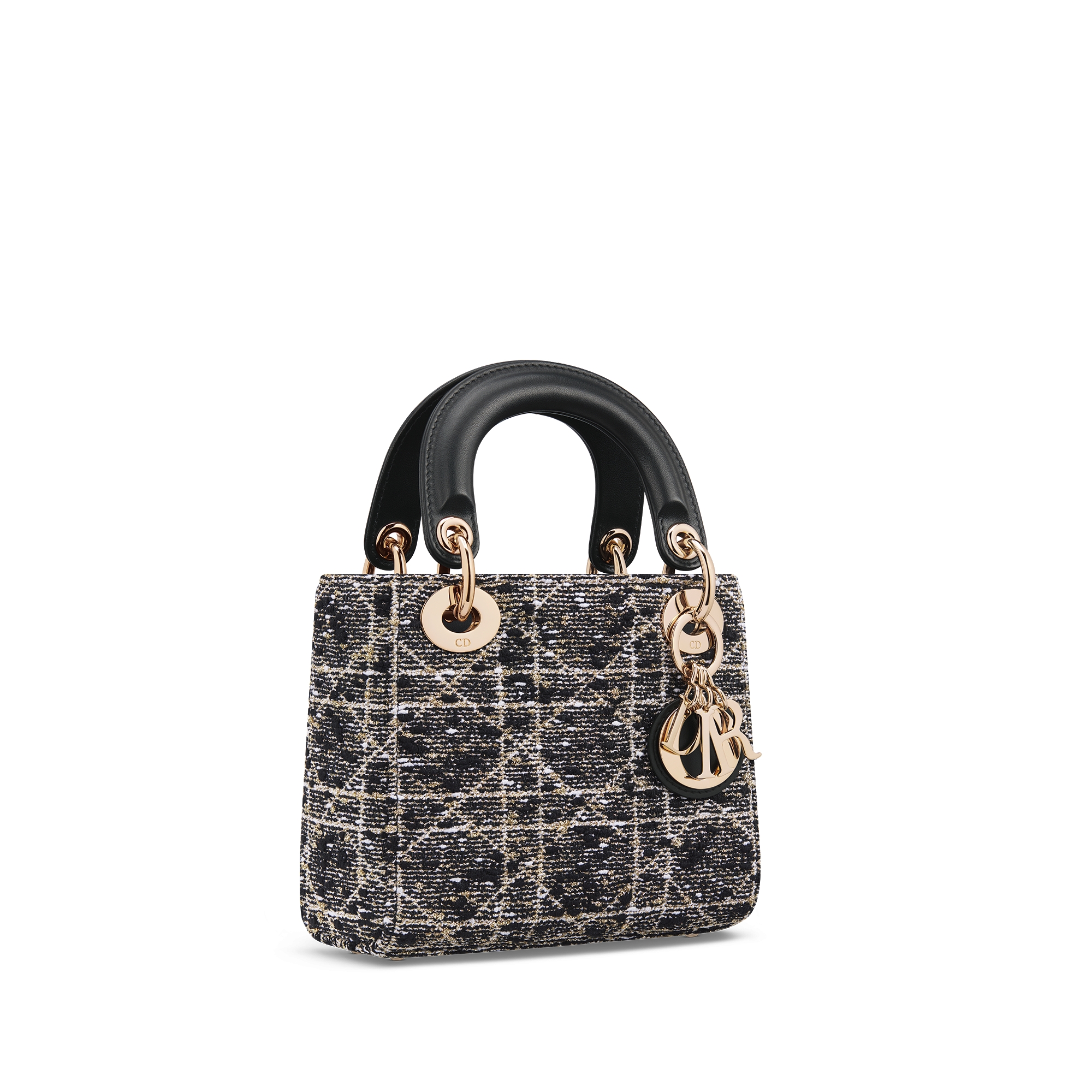 Mini Lady Dior Bag Black Tweed with Cannage Motif in Gold-Tone Metallic Thread E03