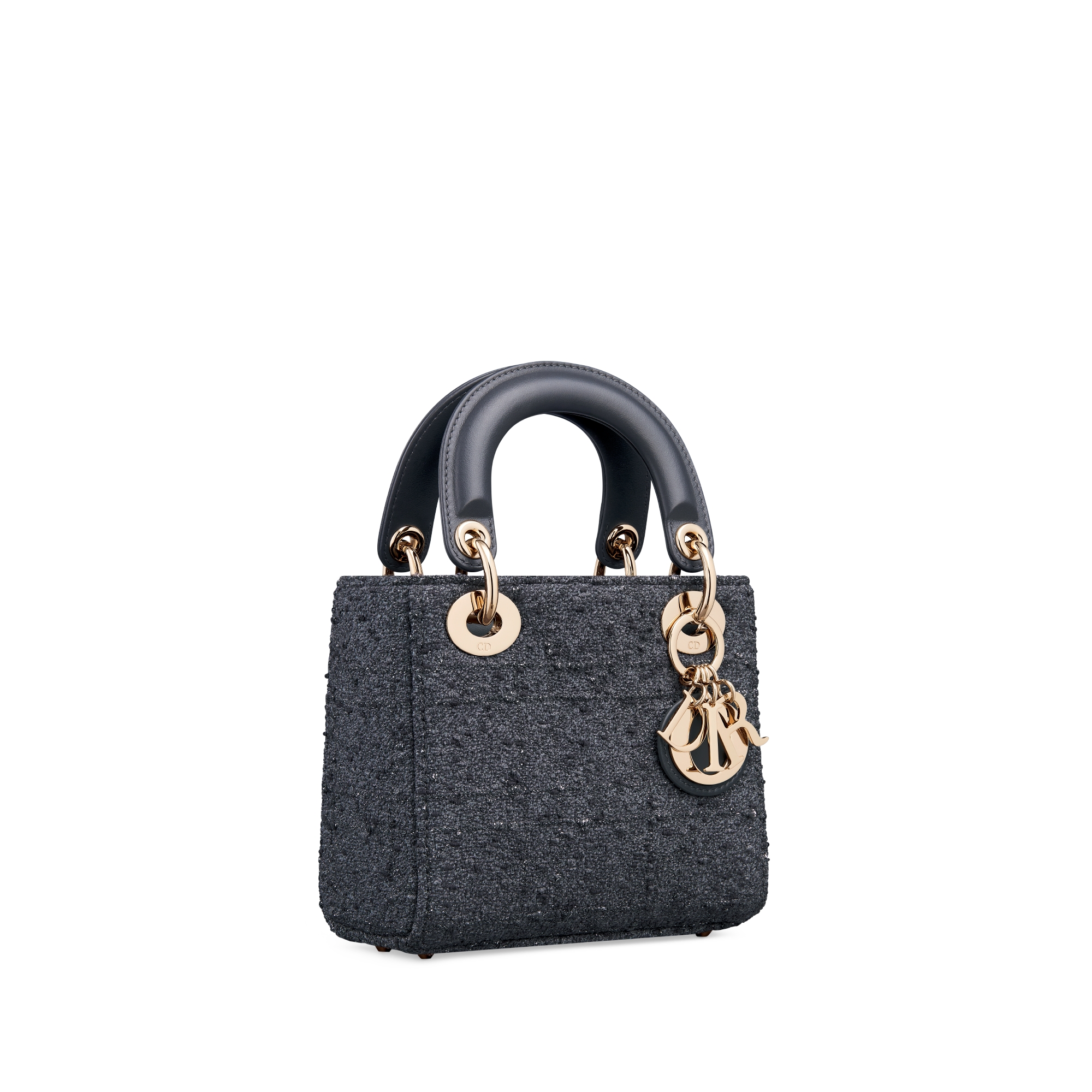 Mini Lady Dior Bag Gray Tweed with Silver-Tone Metallic Thread Cannage Motif E03