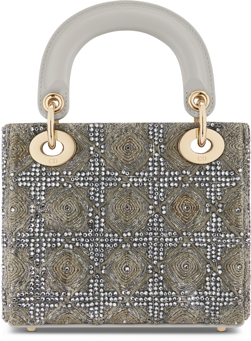 Mini Lady Dior Bag Gray Cannage Satin Embroidered with Strass and Thread DIOR
