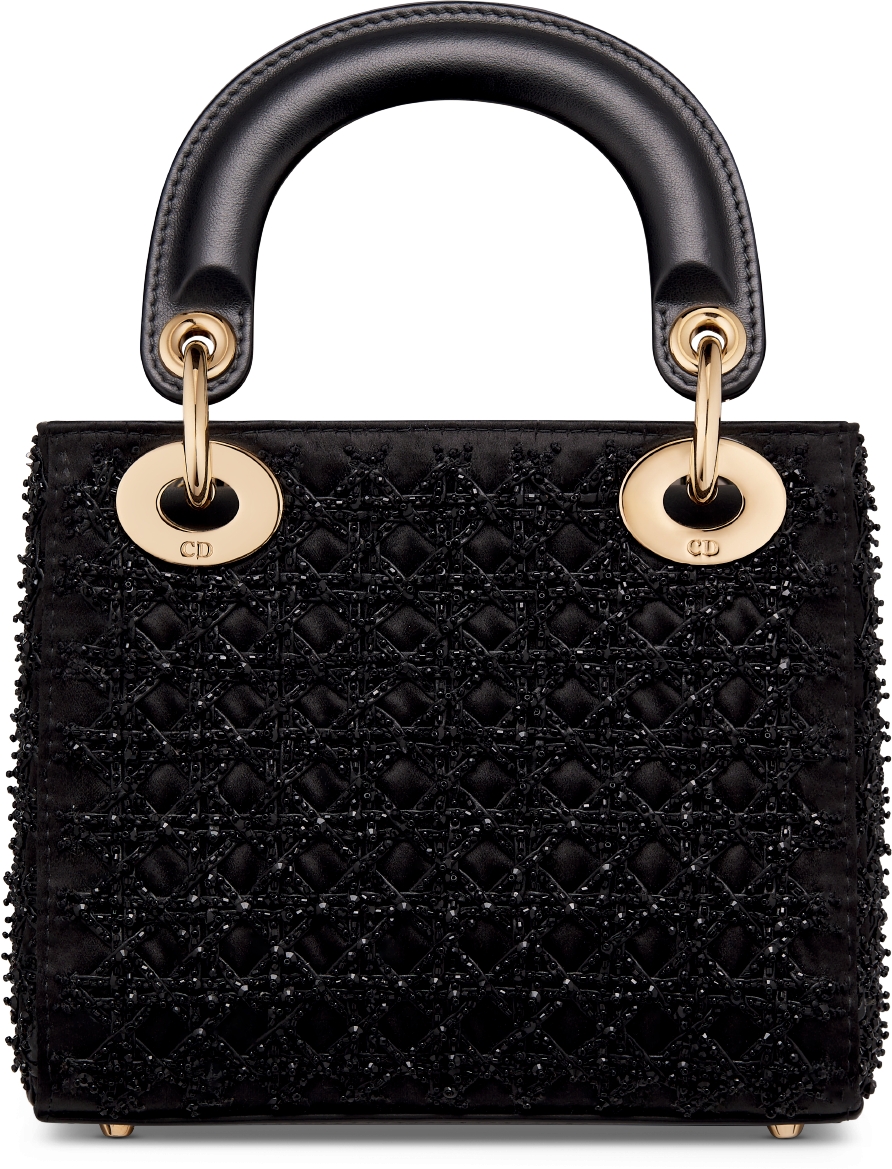 Mini Lady Dior Bag Black Satin Embroidered with Beaded Cannage Motif DIOR