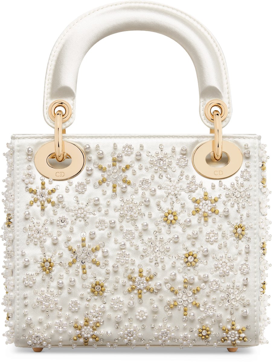 Mini Lady Dior Bag Latte Satin Embroidered with White Resin Pearls DIOR