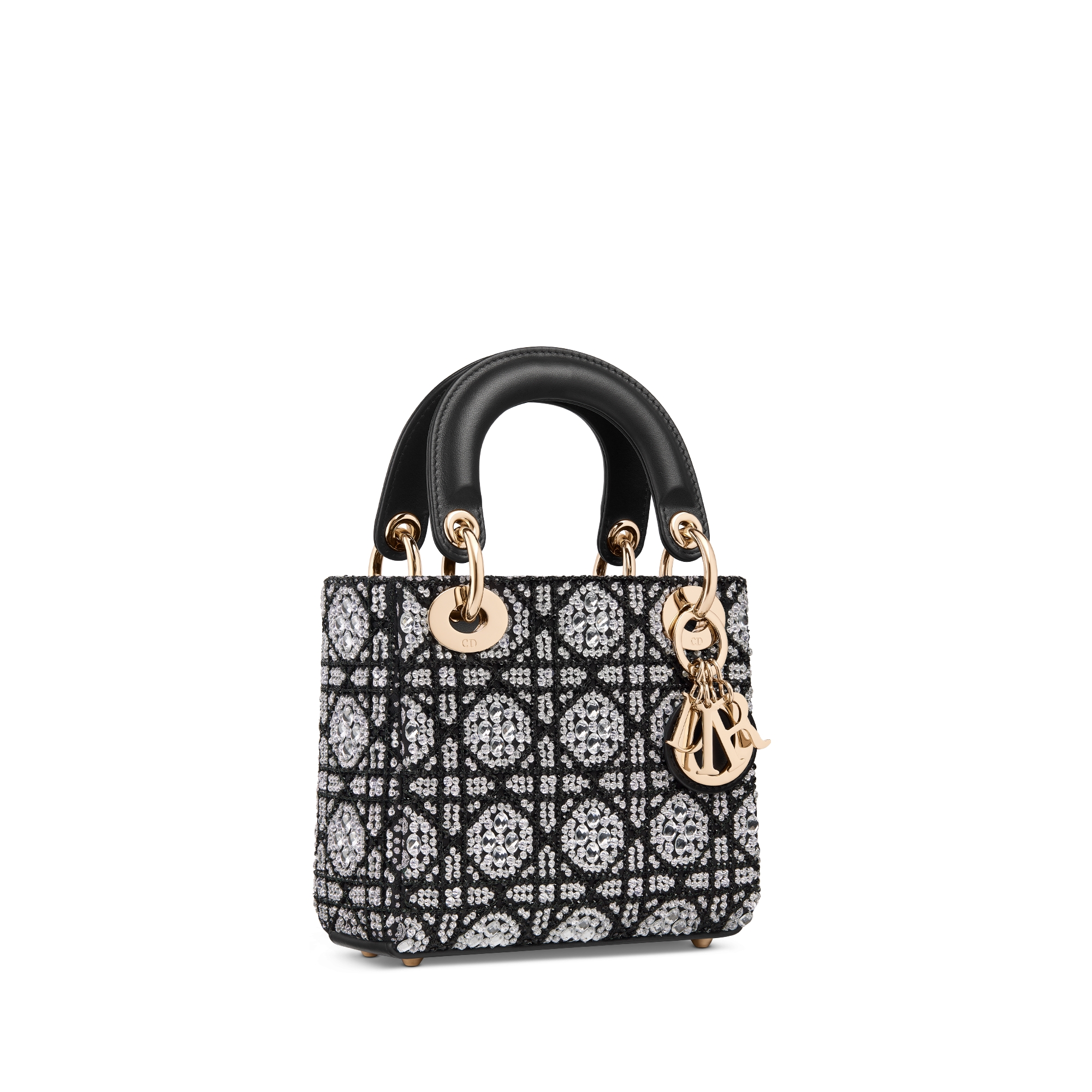 Mini Lady Dior Bag Cannage Embroidery with Black Beads and Silver-Tone Strass E03