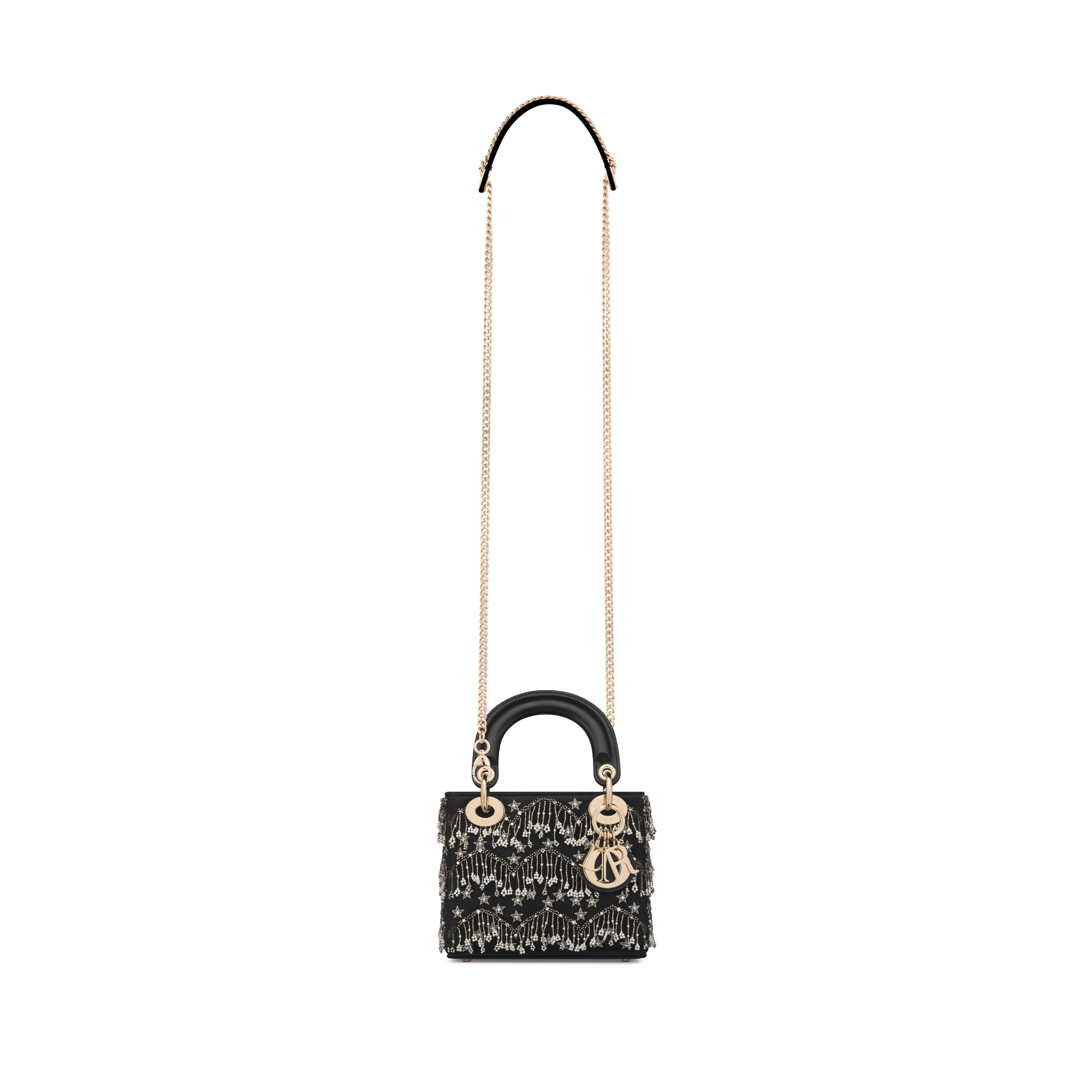Mini Lady Dior Bag Black Satin Embroidered with Fringe in White Resin Pearls, Silver-Tone Stars and Strass E07