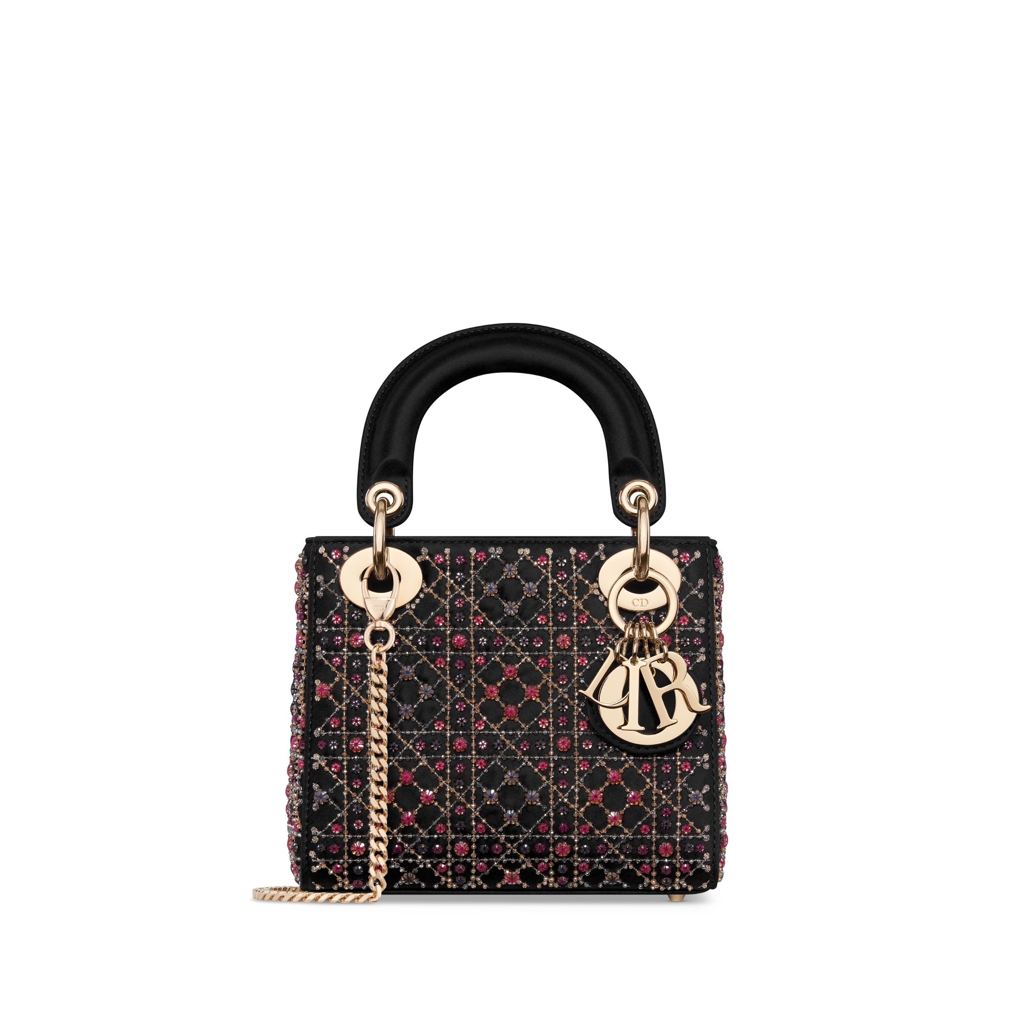 Mini Lady Dior Bag Black Cannage Satin Embroidered with Multicolor Glass Microbeads E01