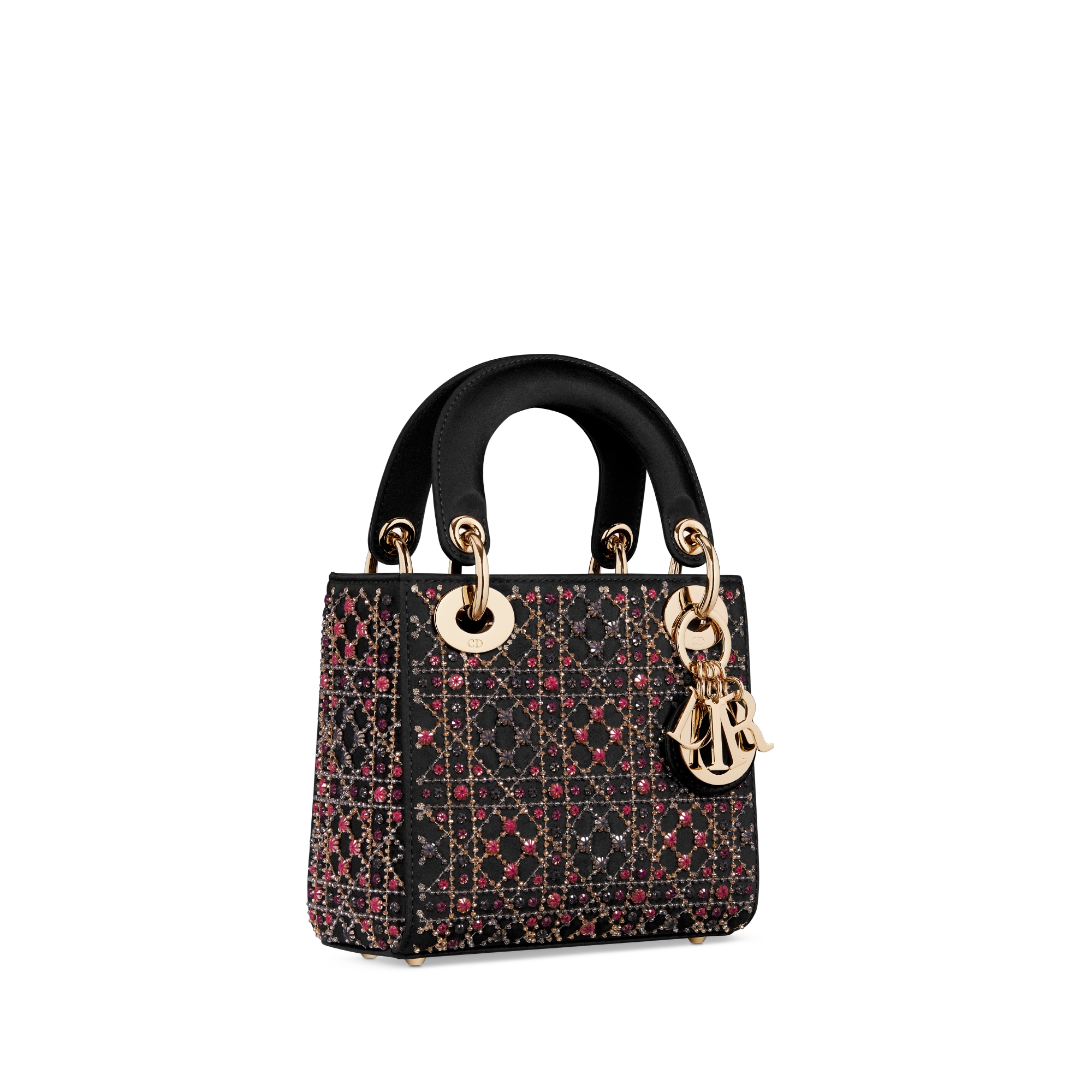 Mini Lady Dior Bag Black Cannage Satin Embroidered with Multicolor Glass Microbeads E03