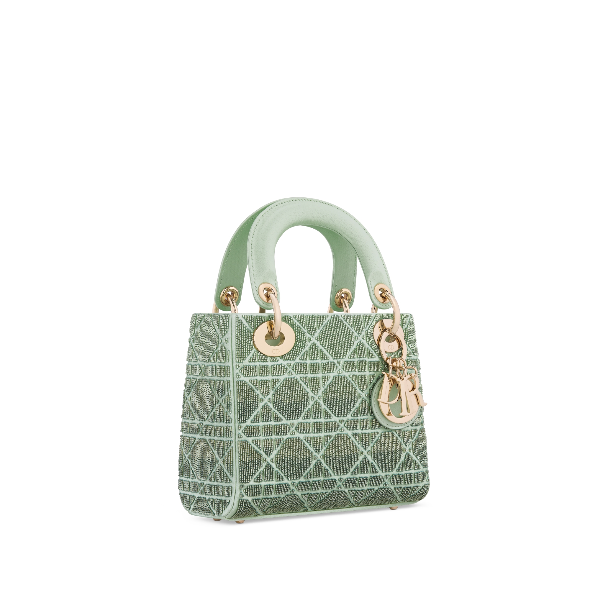 Borsa mini Lady Dior Seta Cannage verde mughetto ricamata con microperle in vetro sfumato E03