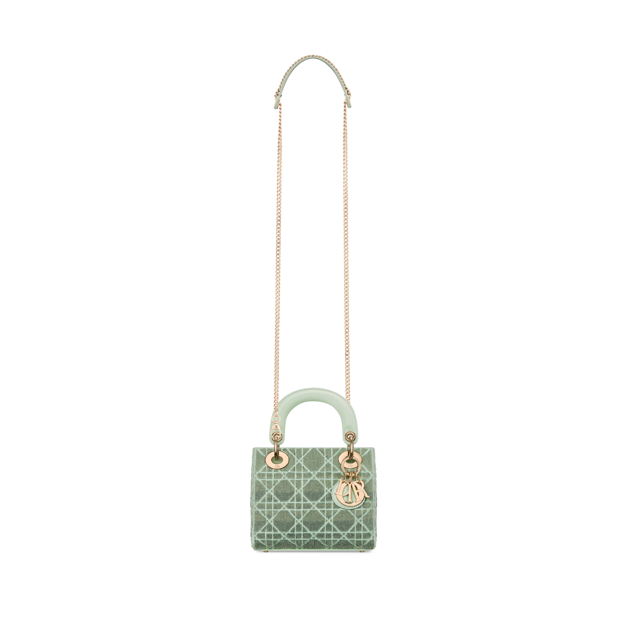 Borsa mini Lady Dior Seta Cannage verde mughetto ricamata con microperle in vetro sfumato E07
