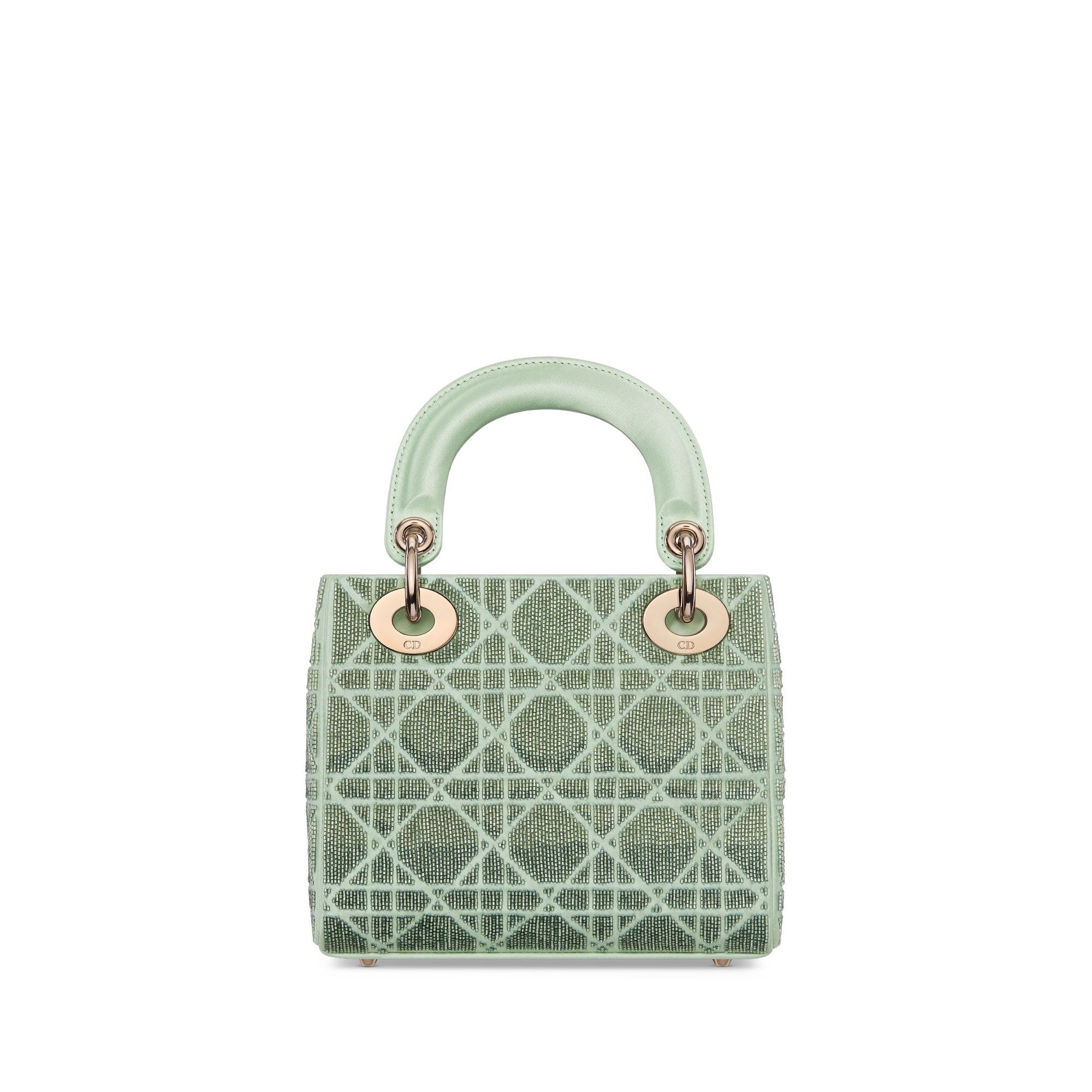 Borsa mini Lady Dior Seta Cannage verde mughetto ricamata con microperle in vetro sfumato E08
