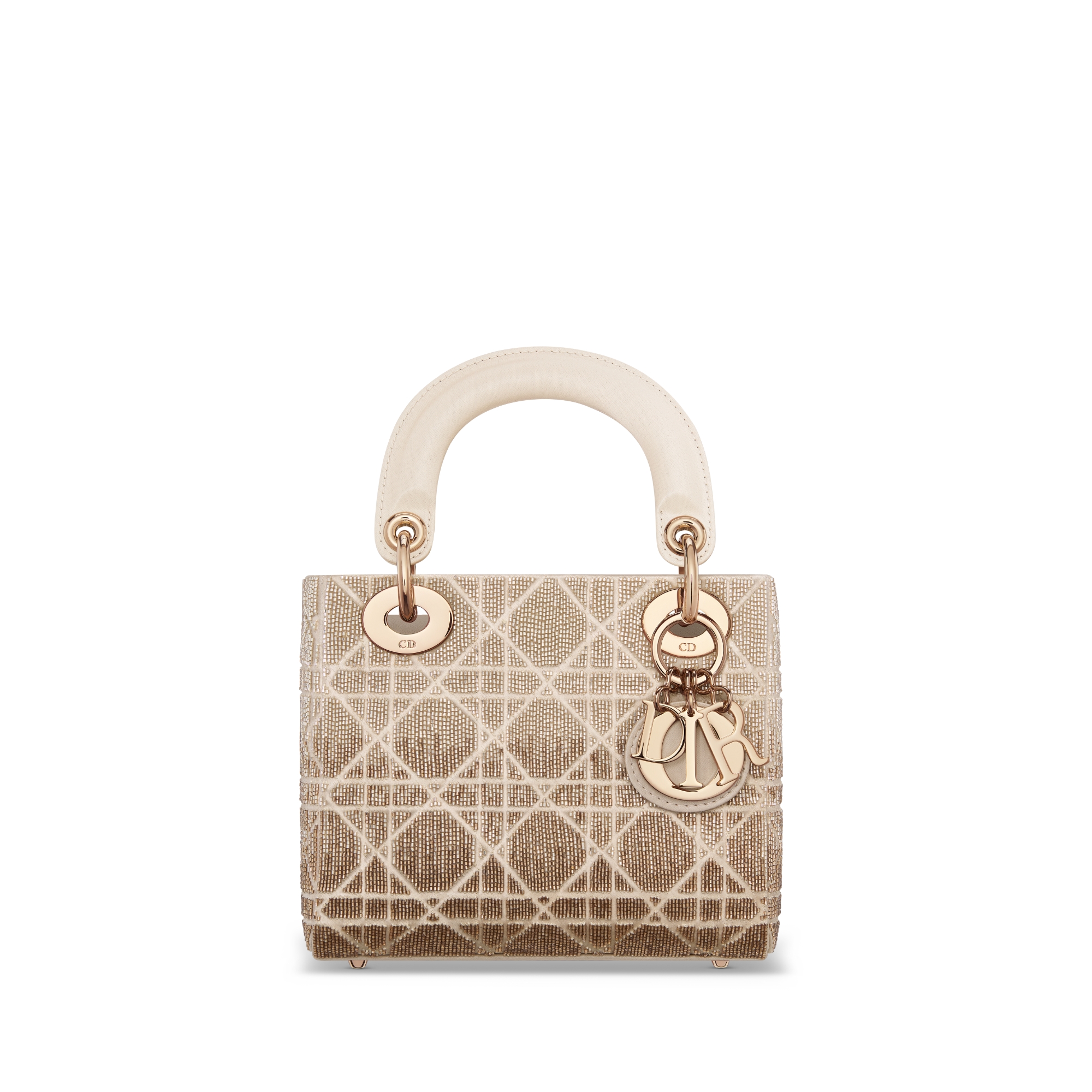 กระเป๋า Mini Lady Dior ผ้าไหมสีเบจลาย Cannage ปักลูกปัดแก้วเม็ดเล็กแบบไล่สี E01