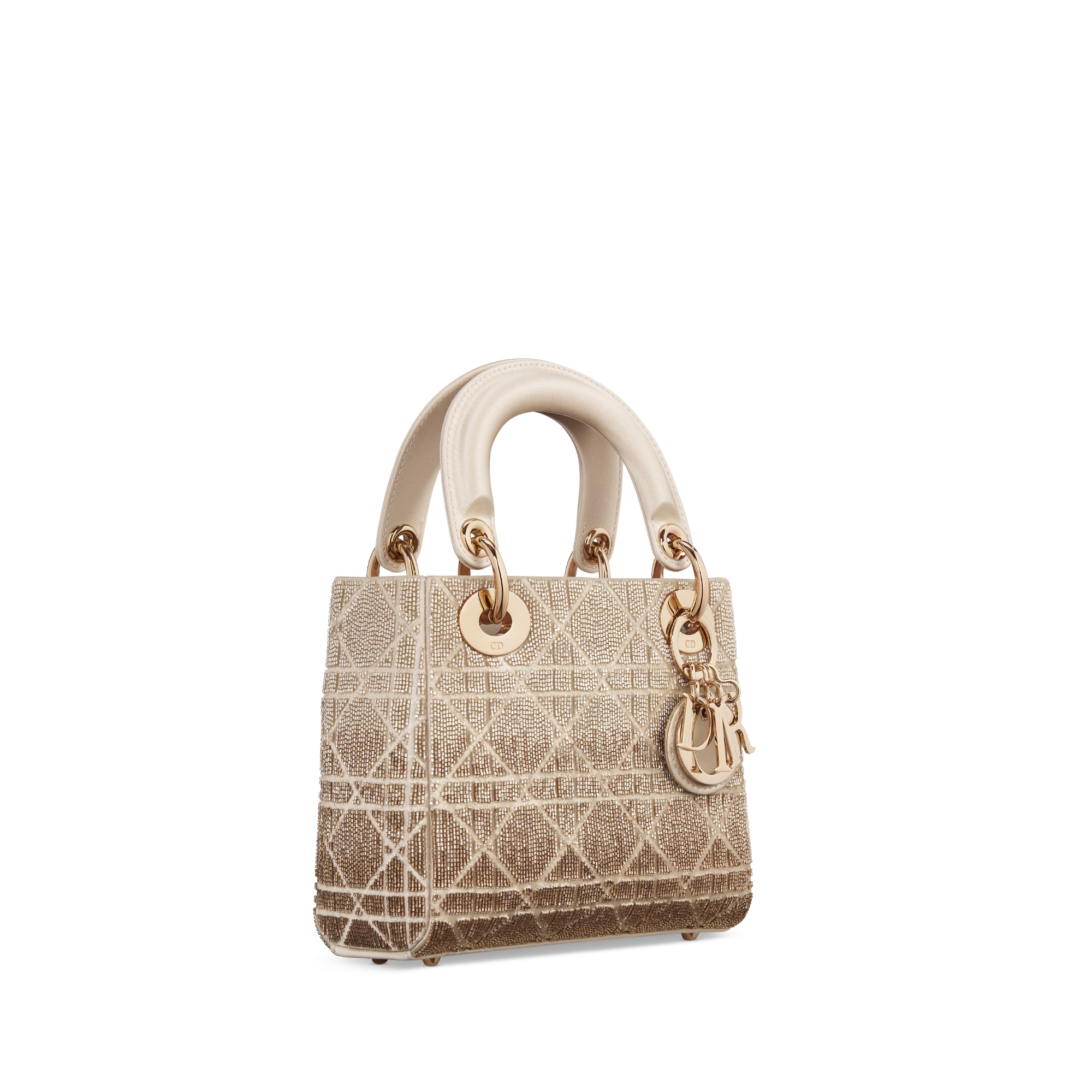 กระเป๋า Mini Lady Dior ผ้าไหมสีเบจลาย Cannage ปักลูกปัดแก้วเม็ดเล็กแบบไล่สี E03