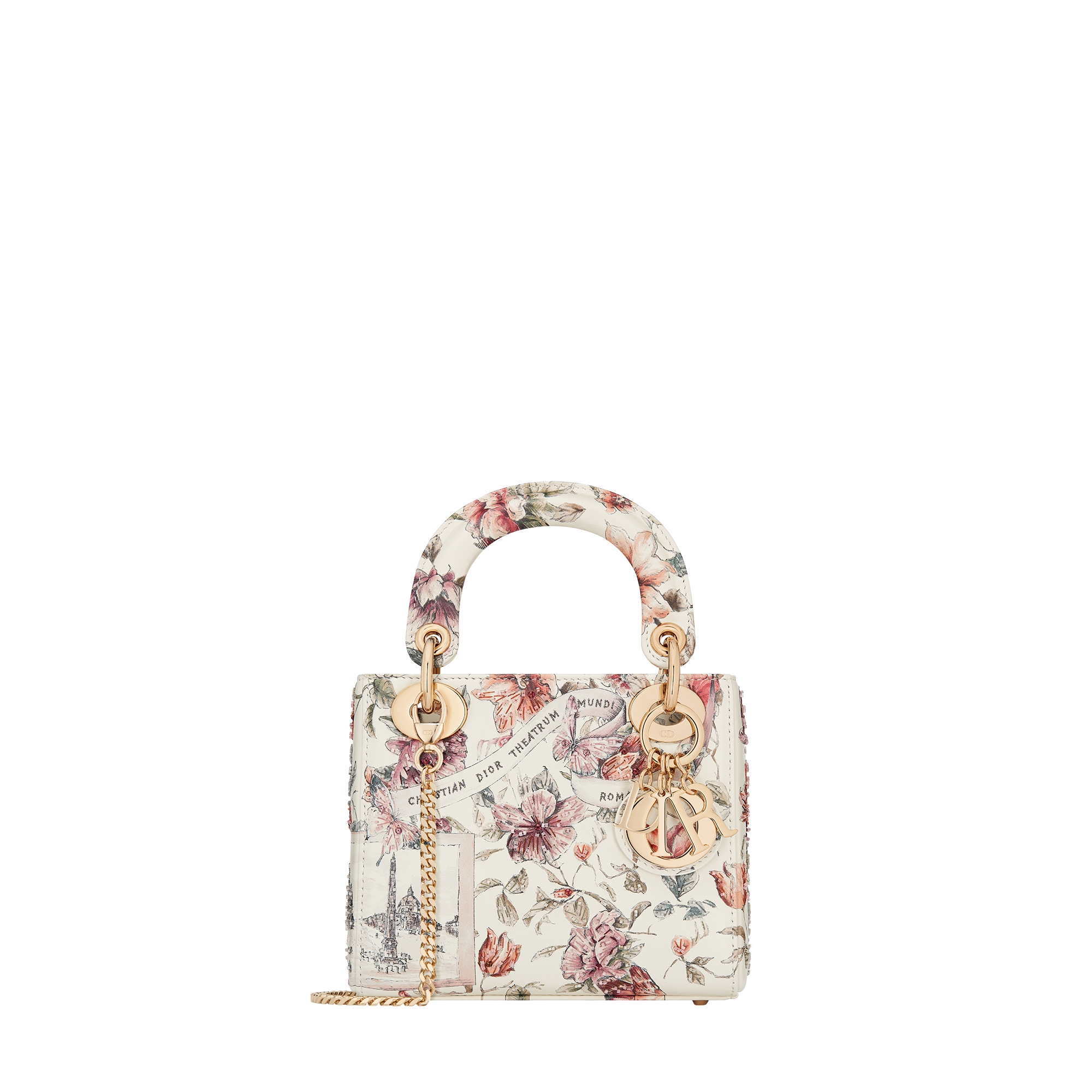Mini Lady Dior Bag Latte Calfskin with Pink Souvenir de Rome Print
