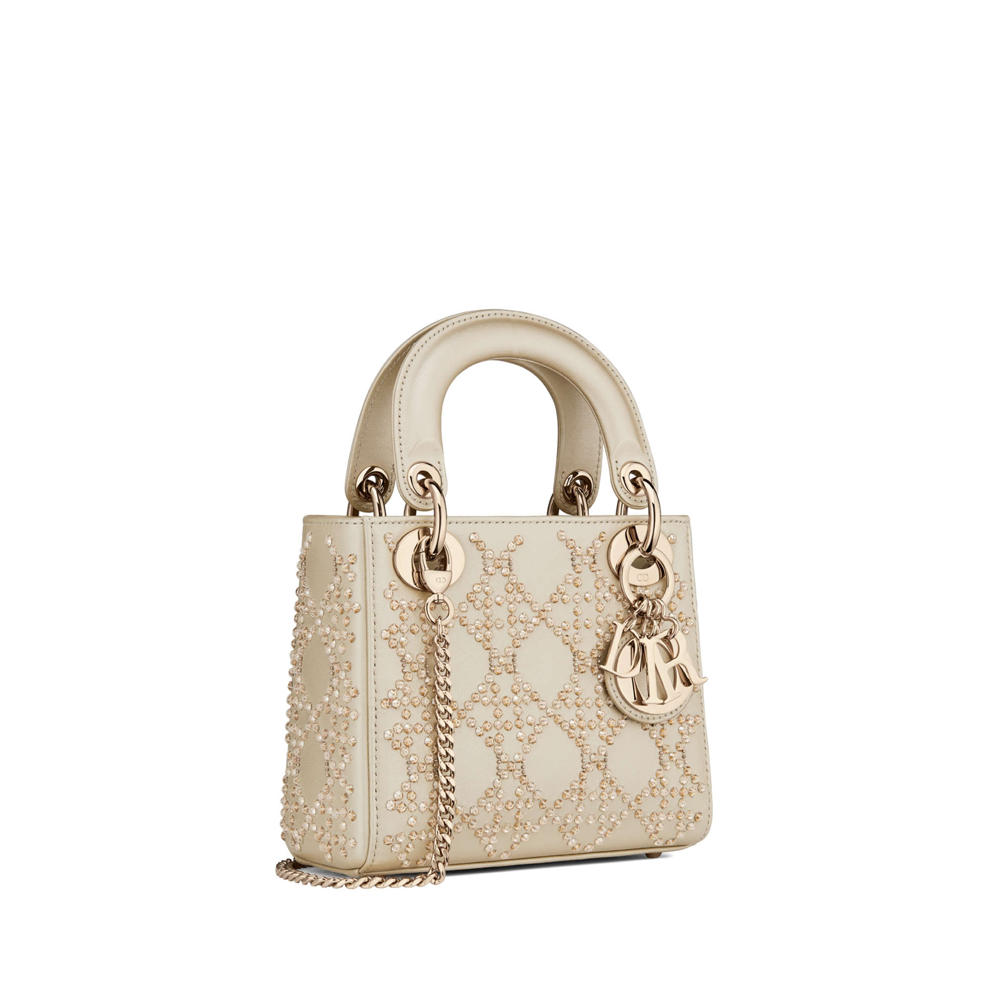 Bolso mini Lady Dior Piel de cordero Cannage metalizada color platino con bordado de abalorios E03