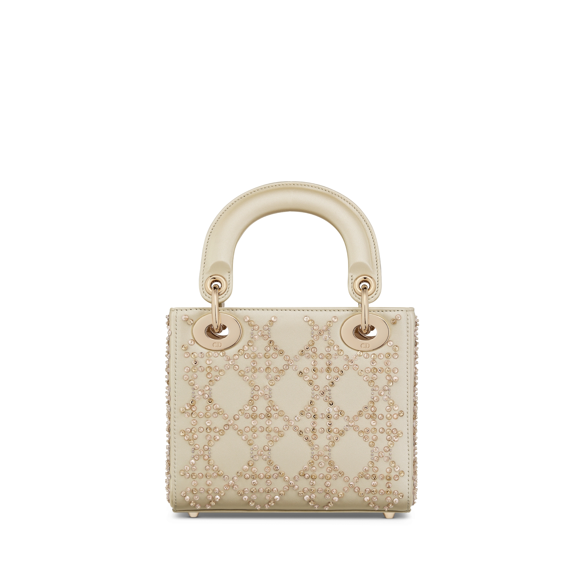 Bolso mini Lady Dior Piel de cordero Cannage metalizada color platino con bordado de abalorios E08