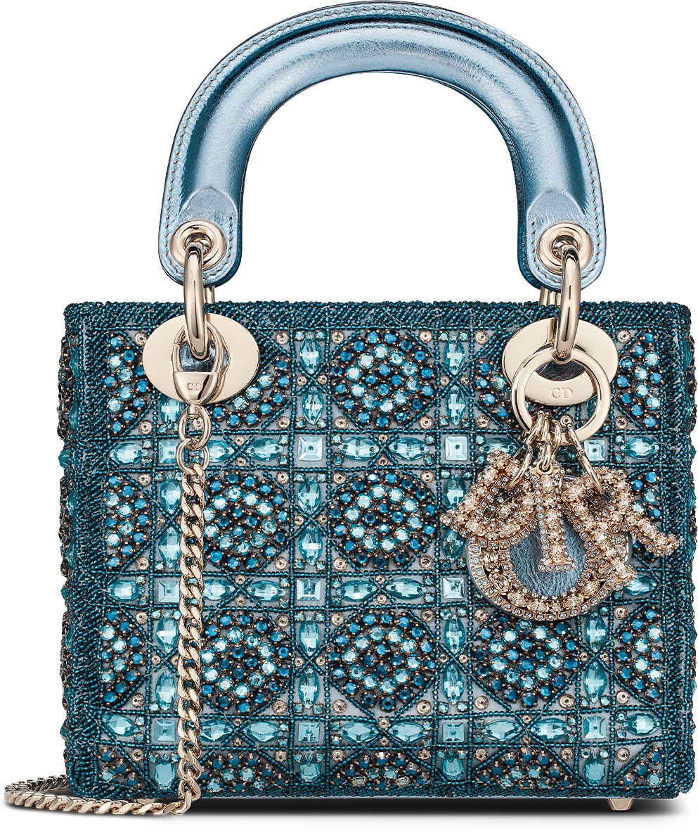 Mini Lady Dior Tasche Lammleder in Metallic Optik und Satin mit Perlenstickerei in Himmelblau DIOR