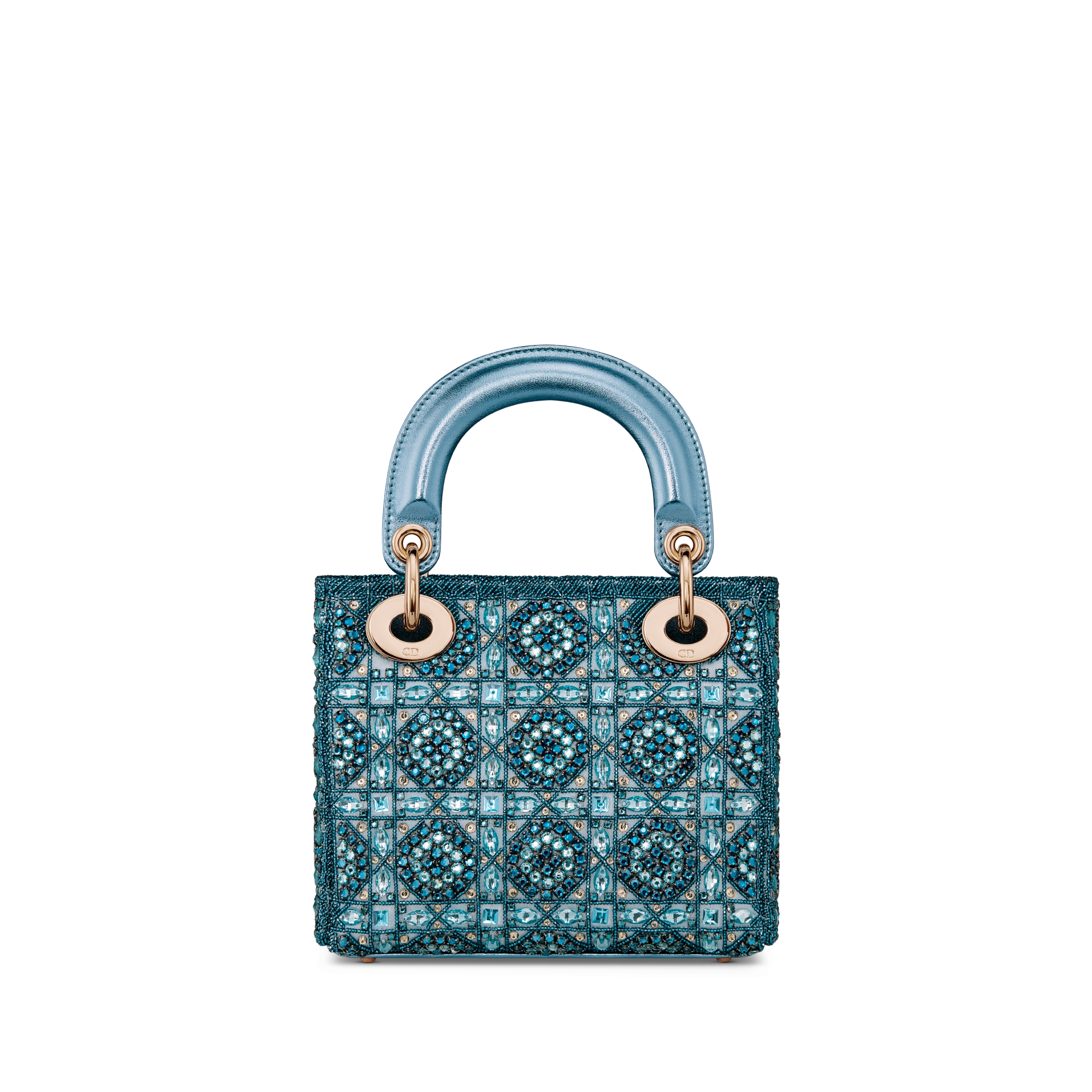 Sac Lady Dior Mini Cuir d'agneau métallisé et satin brodé de perles bleu céleste E08