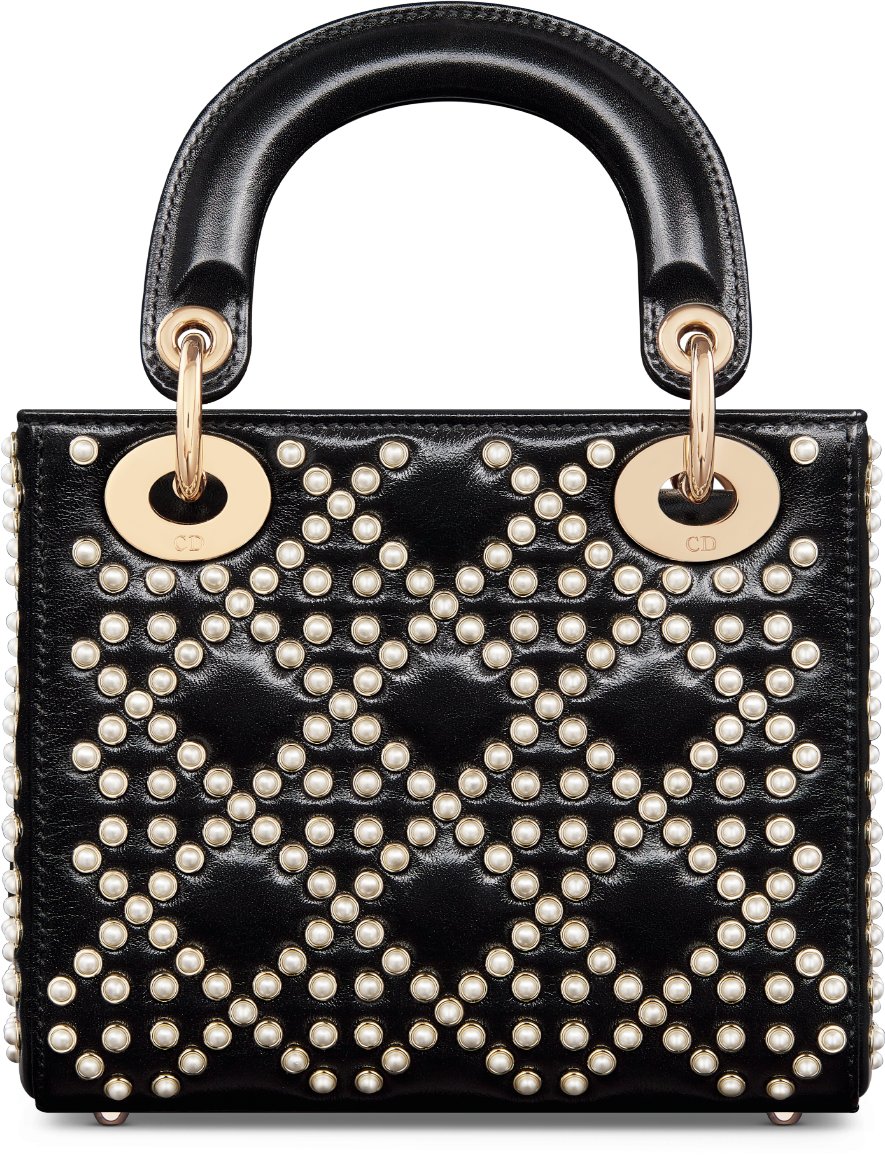 Mini Lady Dior Bag Black Crinkle Effect Lambskin with White Resin Half Pearl Cannage Motif DIOR