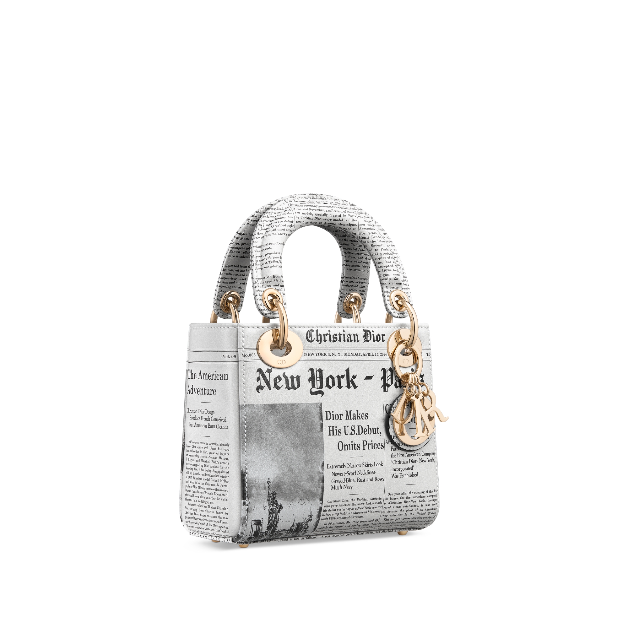 Borsa mini Lady Dior Pelle di vitello con stampa Newspaper bianca e nera E03