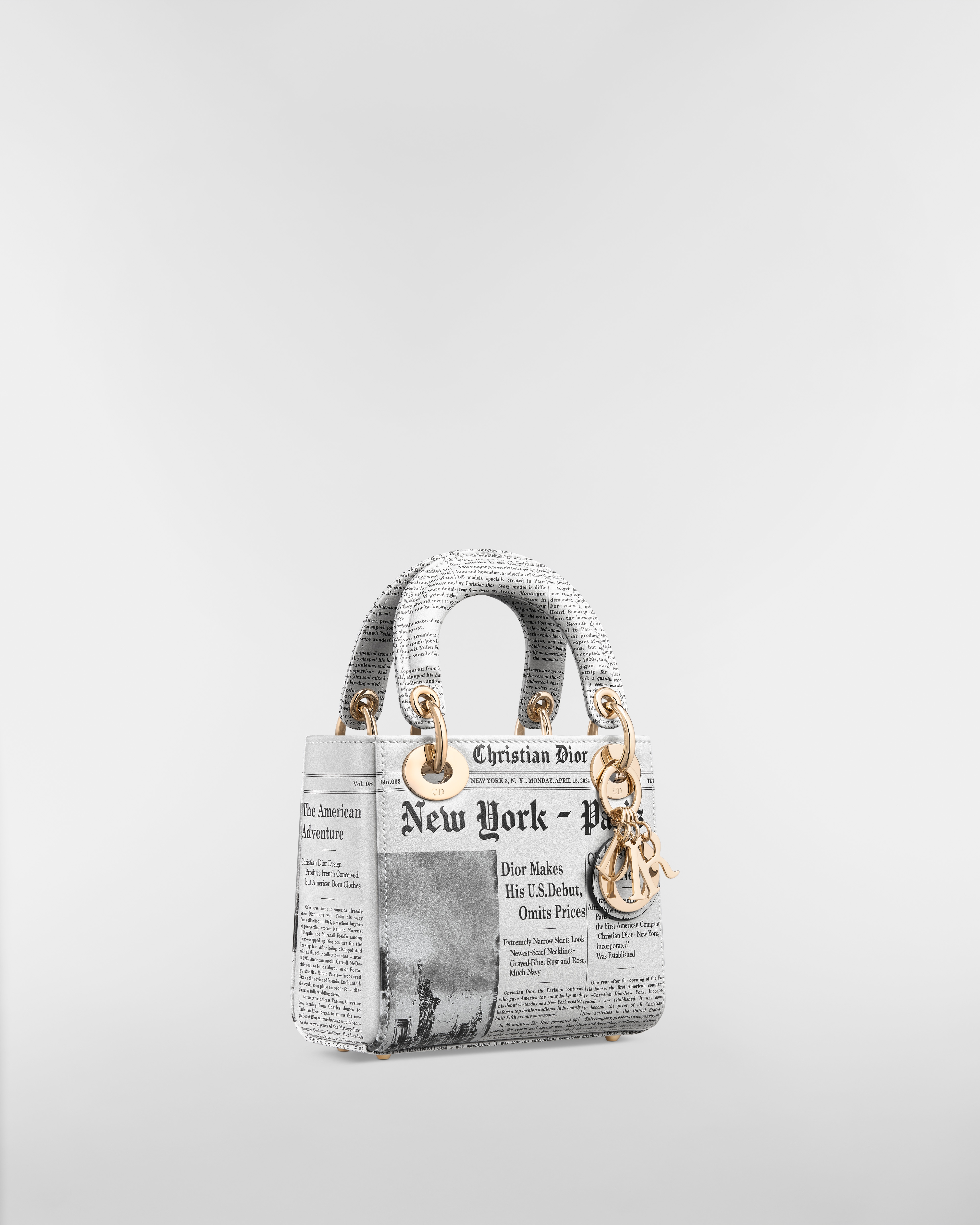 Bolsa Lady Dior míni Couro de vitelo com estampa Newspaper branca e preta E03