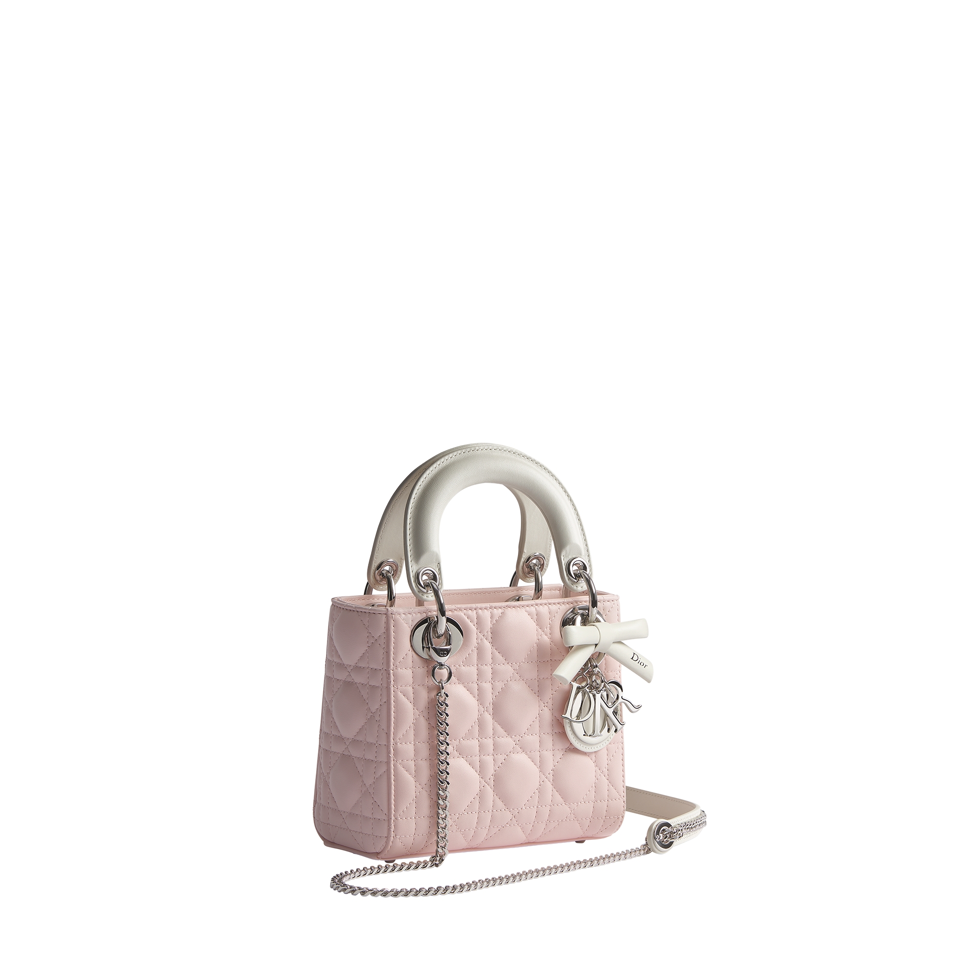 Dior Or Mini Lady Dior Bag with Chain Rose Soupir and Latte Cannage Lambskin E03