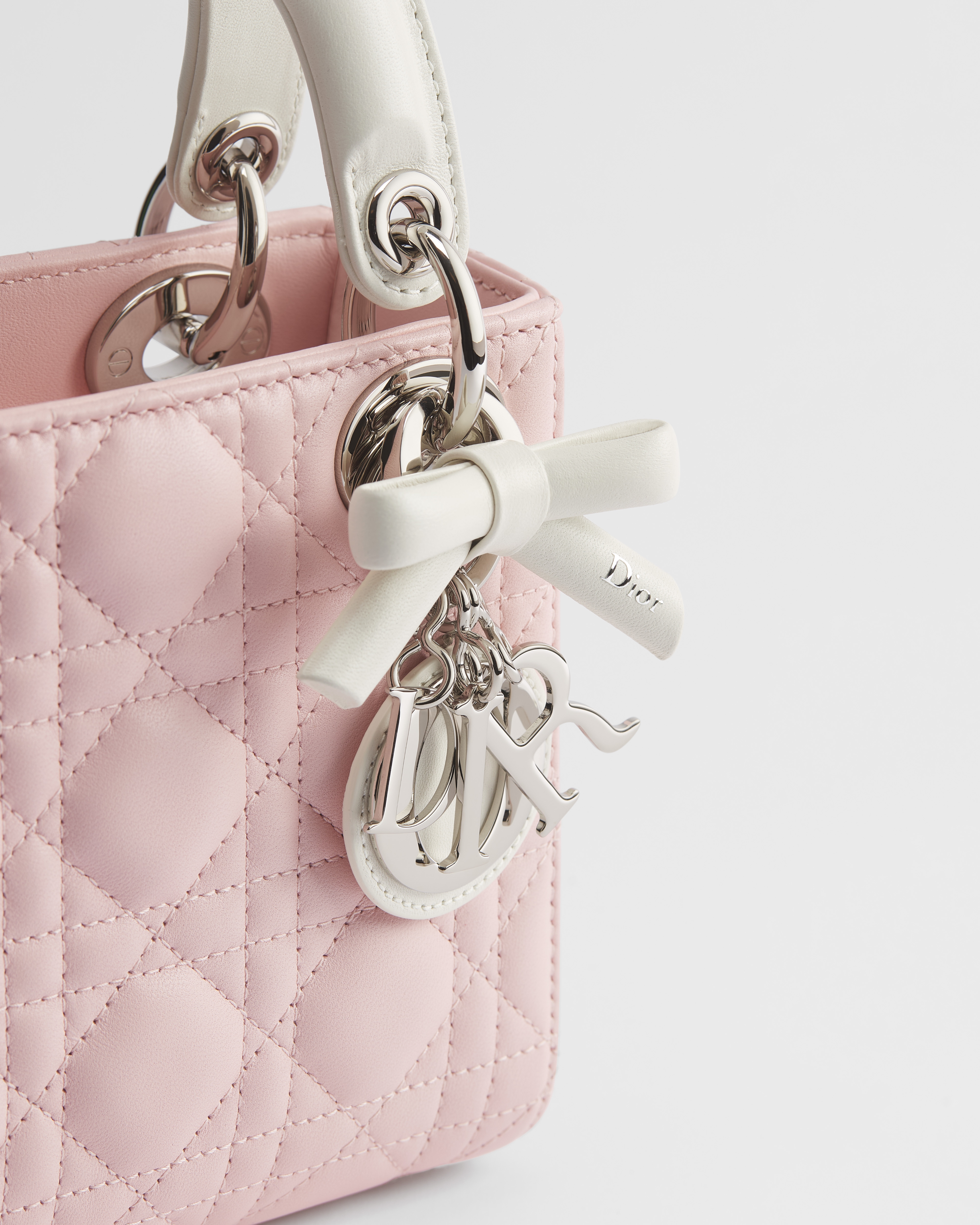 Dior Or Mini Lady Dior Bag with Chain Rose Soupir and Latte Cannage Lambskin E09