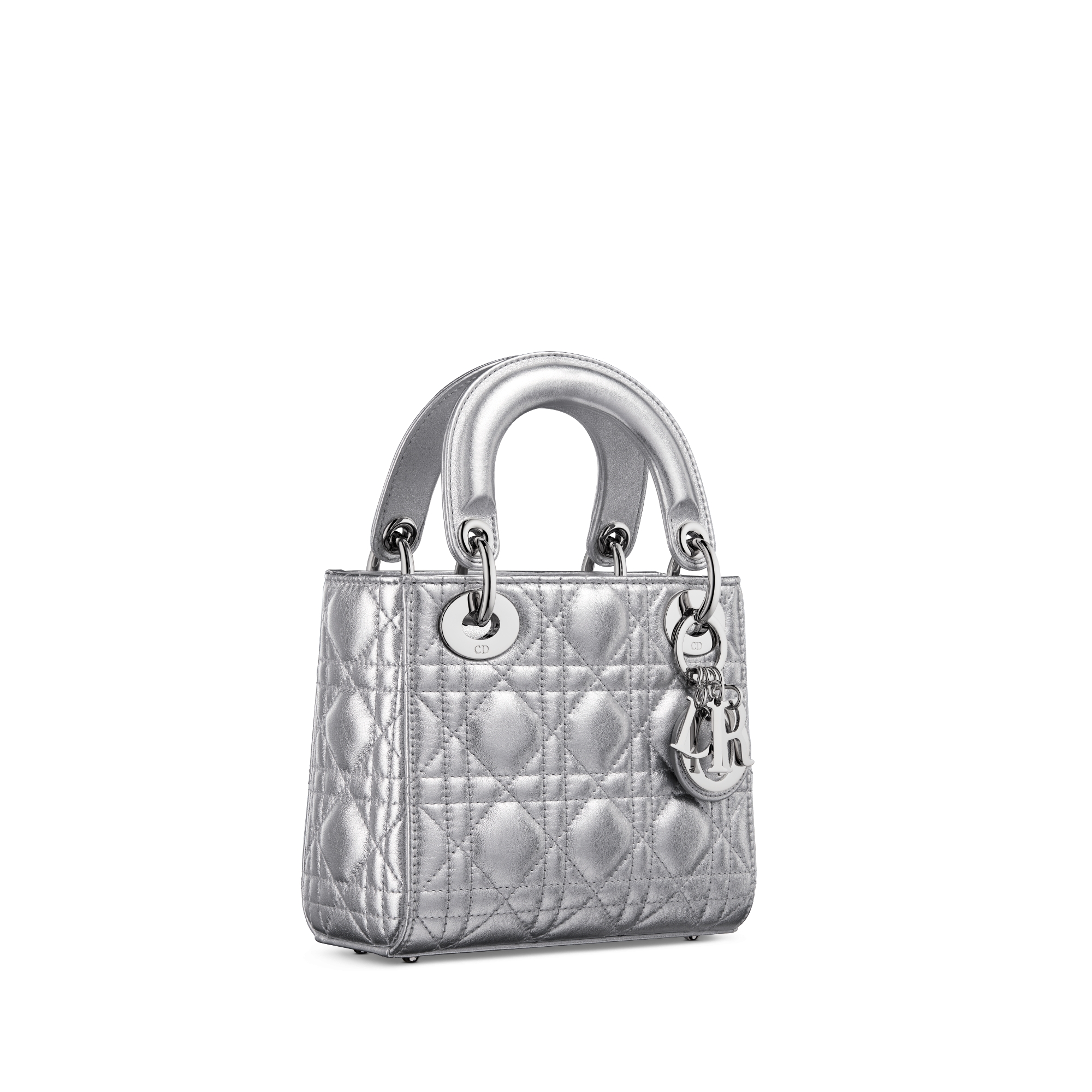 Mini Lady Dior Bag Metallic Silver-Tone Cannage Calfskin E03