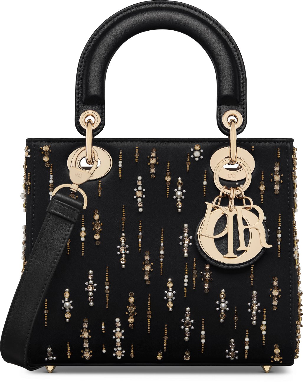 Small Lady Dior Bag Black Satin Embroidered with Gold Tone Beads and White Resin Pearls DIOR
