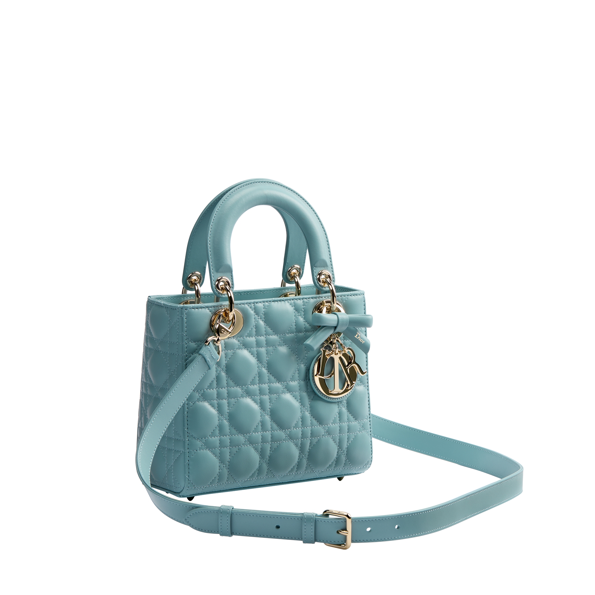 Small Lady Dior Bag with Strap Bleu Tourmaline Cannage Lambskin E03