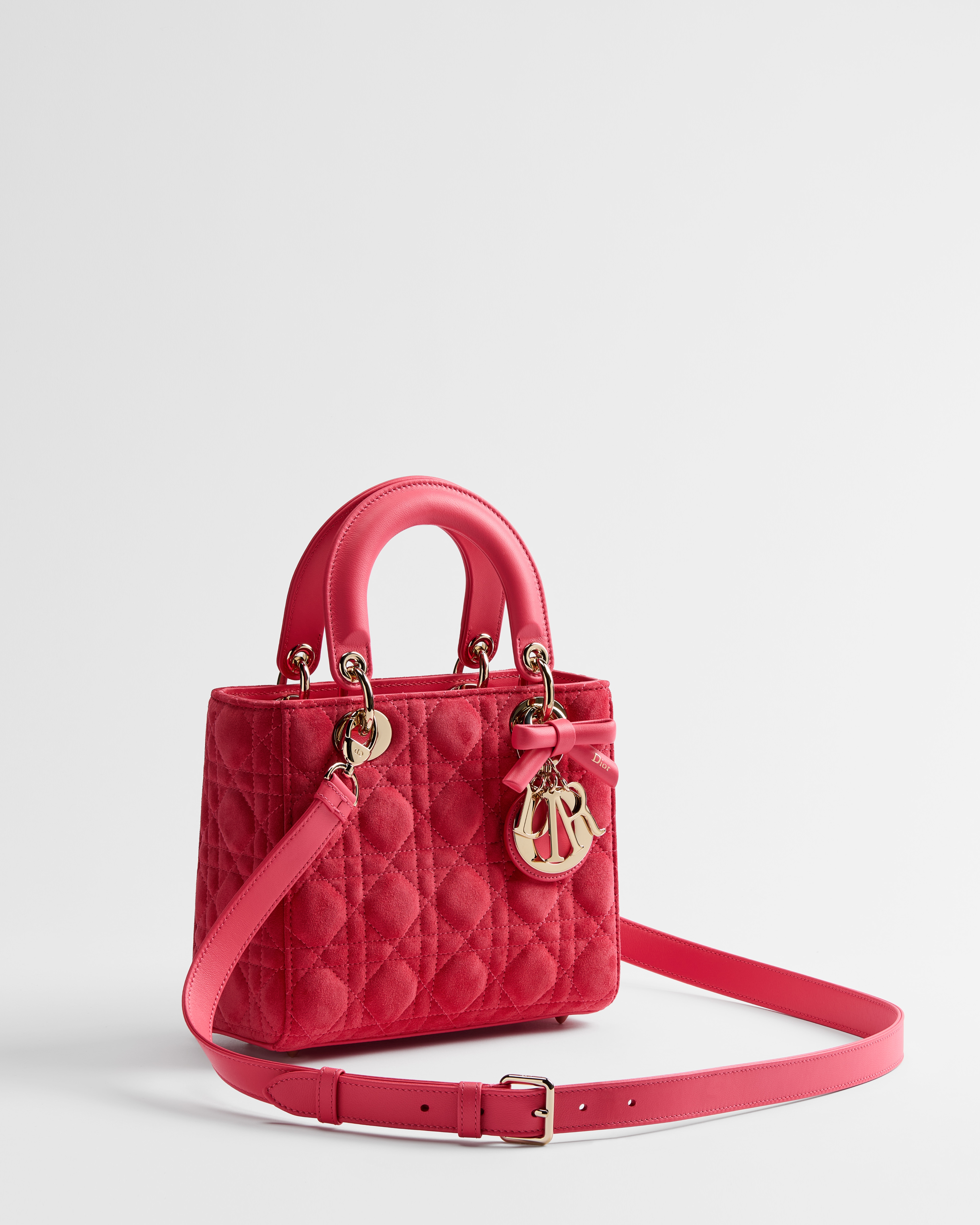 Small Lady Dior Bag with Strap Rose Peony Cannage Suede Calfskin E03