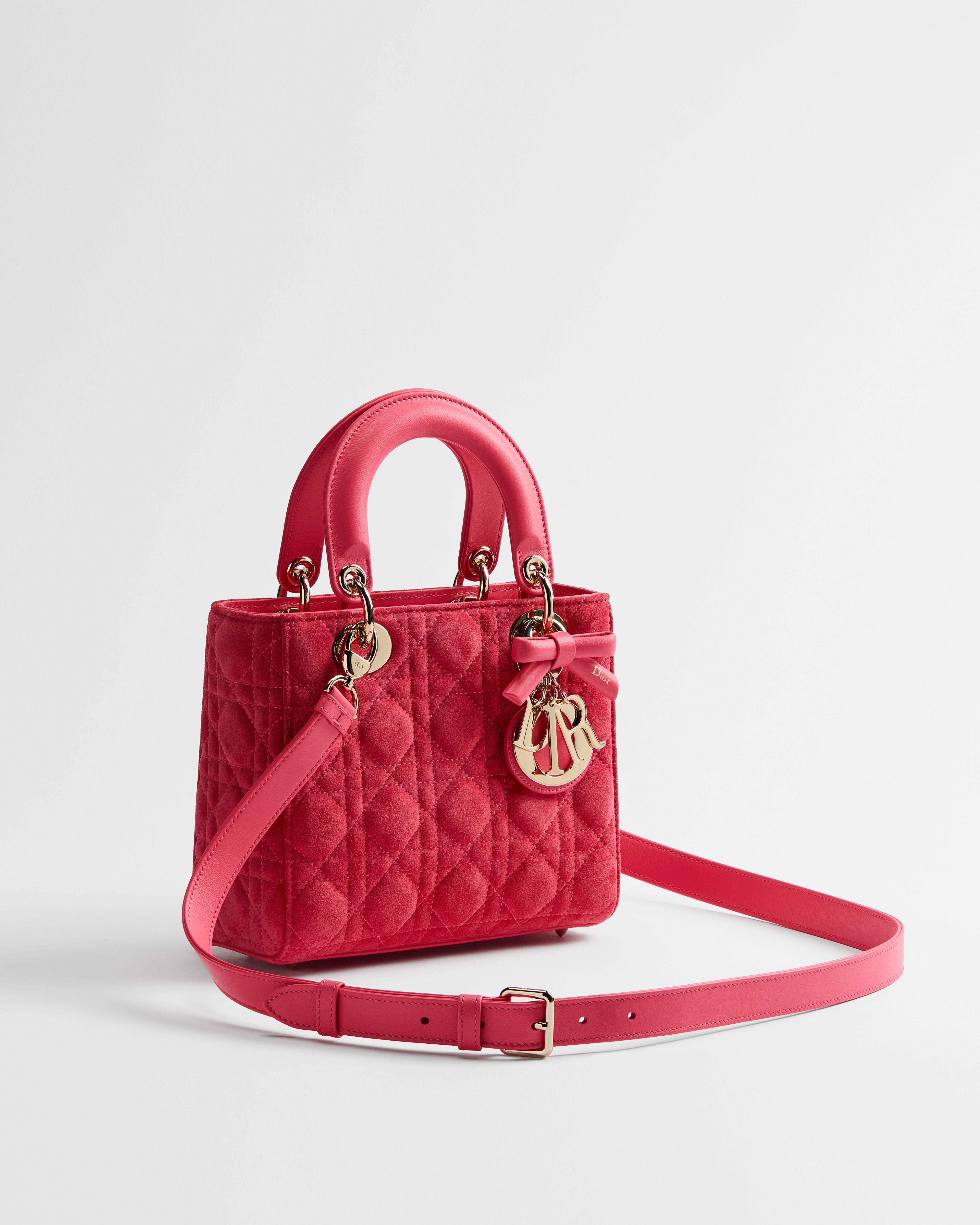 Small Lady Dior Bag with Strap Rose Peony Cannage Suede Calfskin E03