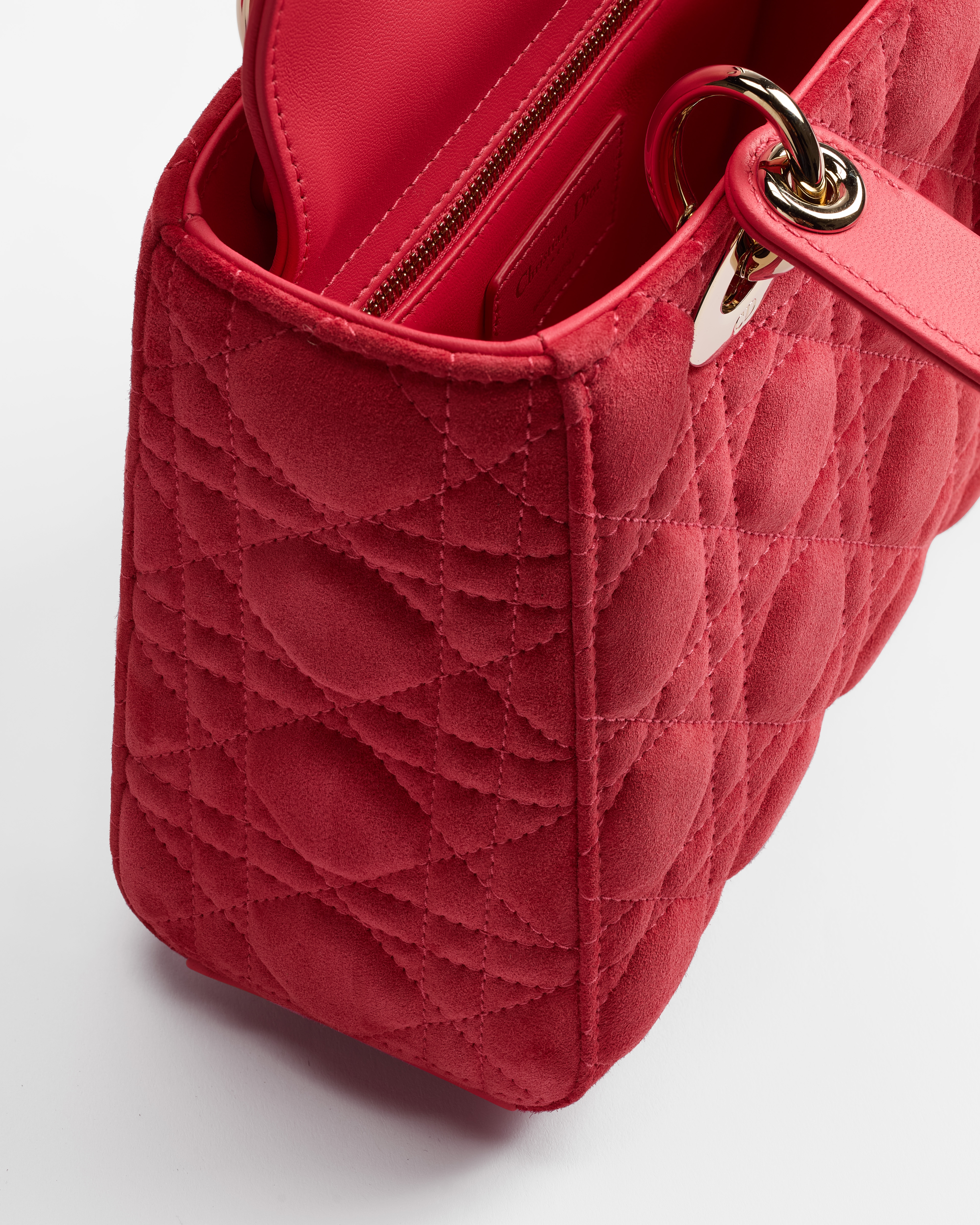 Small Lady Dior Bag with Strap Rose Peony Cannage Suede Calfskin E06