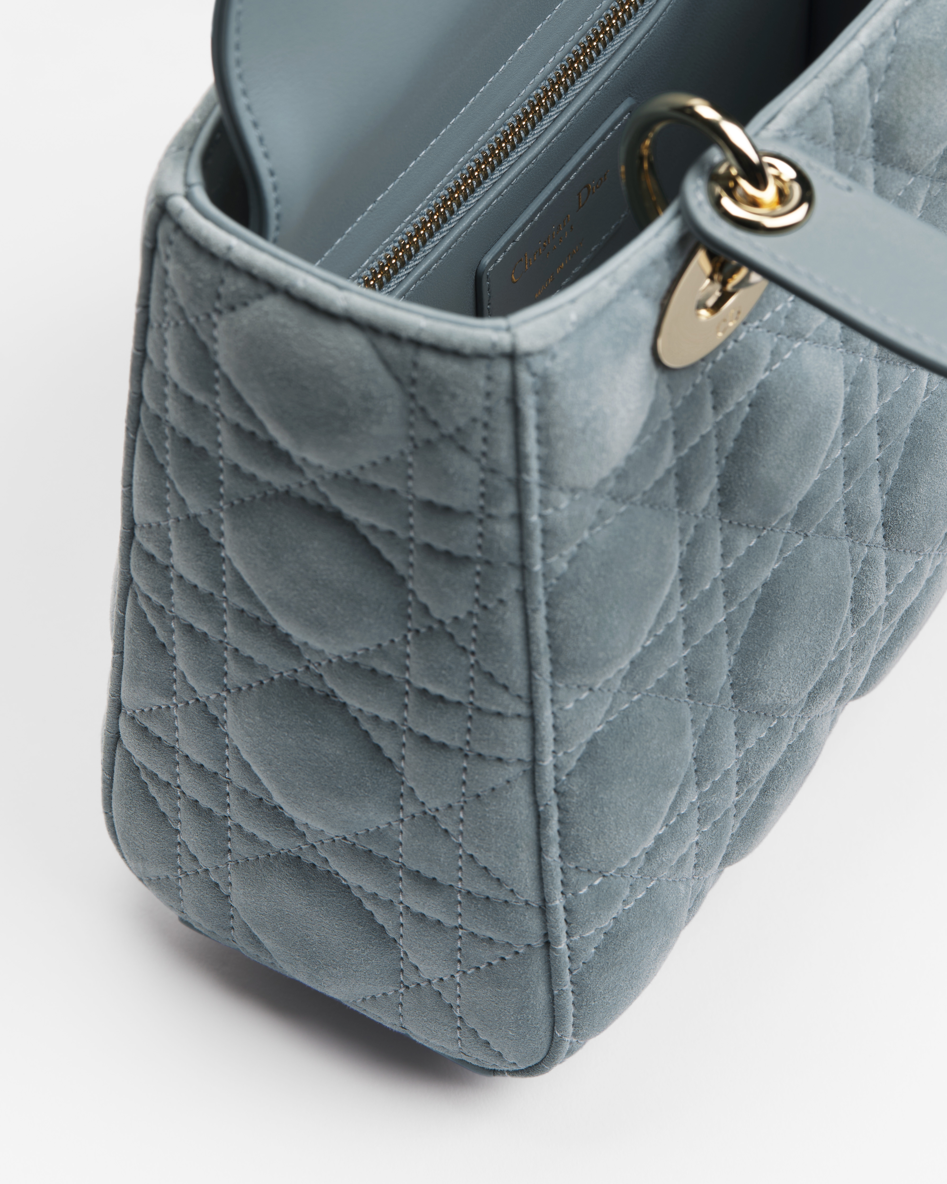 Small Lady Dior Bag with Strap Sky Blue Cannage Suede Calfskin E06