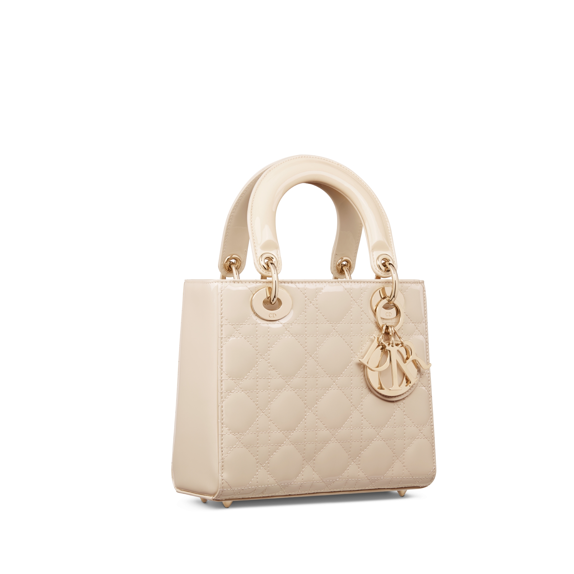 Sac Lady Dior Small Cuir de veau Cannage verni Dusty ivoire E03