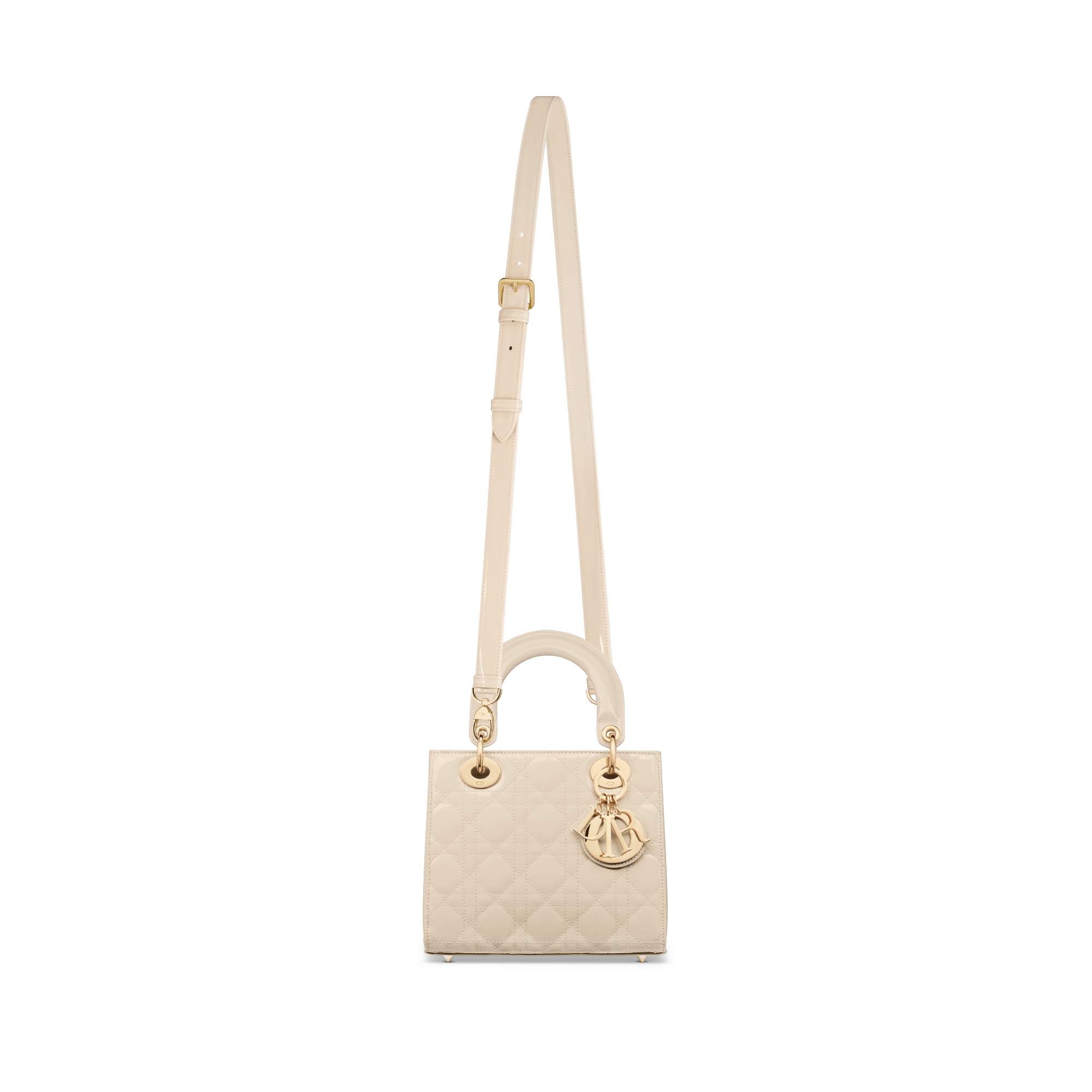 Sac Lady Dior Small Cuir de veau Cannage verni Dusty ivoire E07