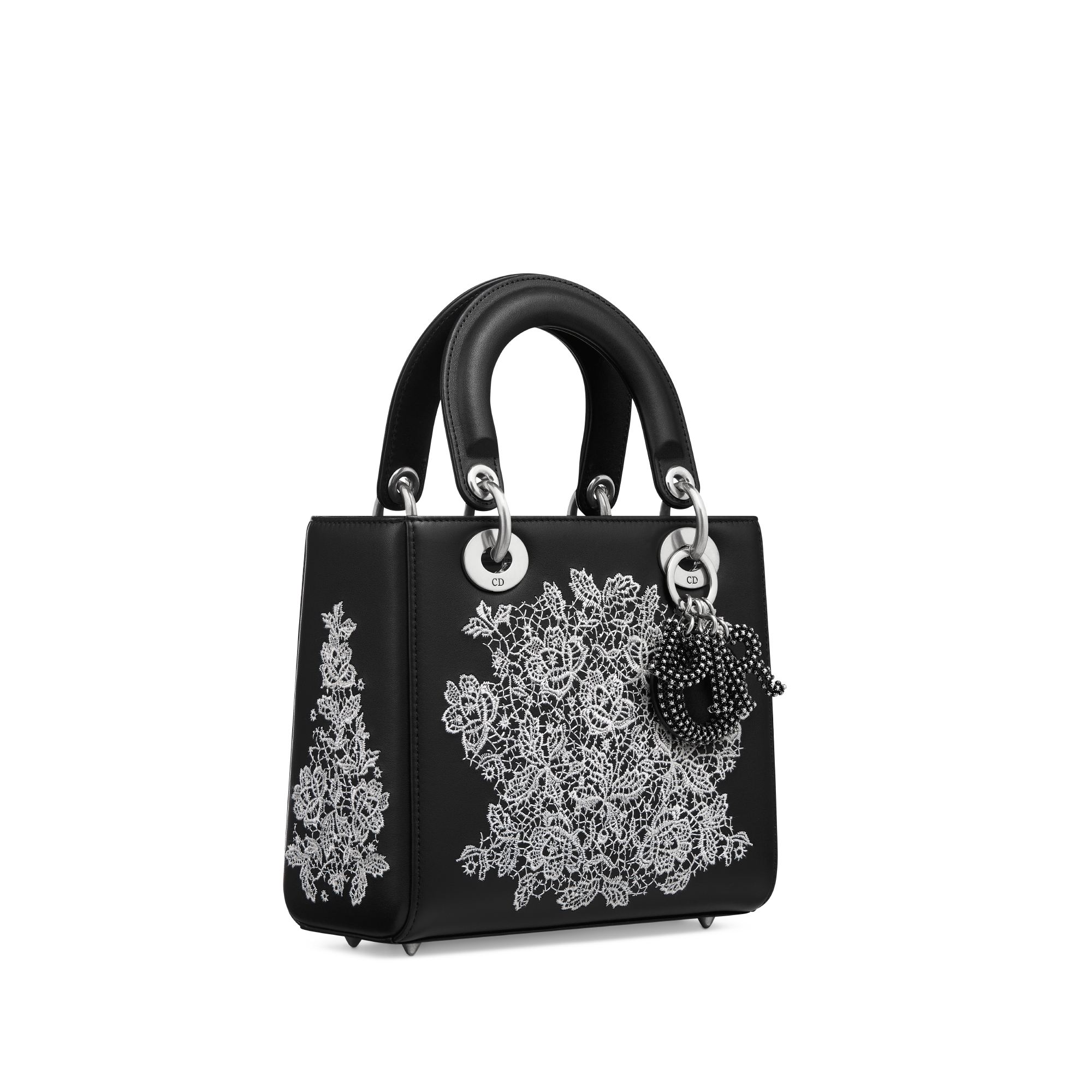 حقيبة Lady Dior My ABCDior بالحجم الصغير جلد العجل الأسود المطرّز بورود بيضاء E03