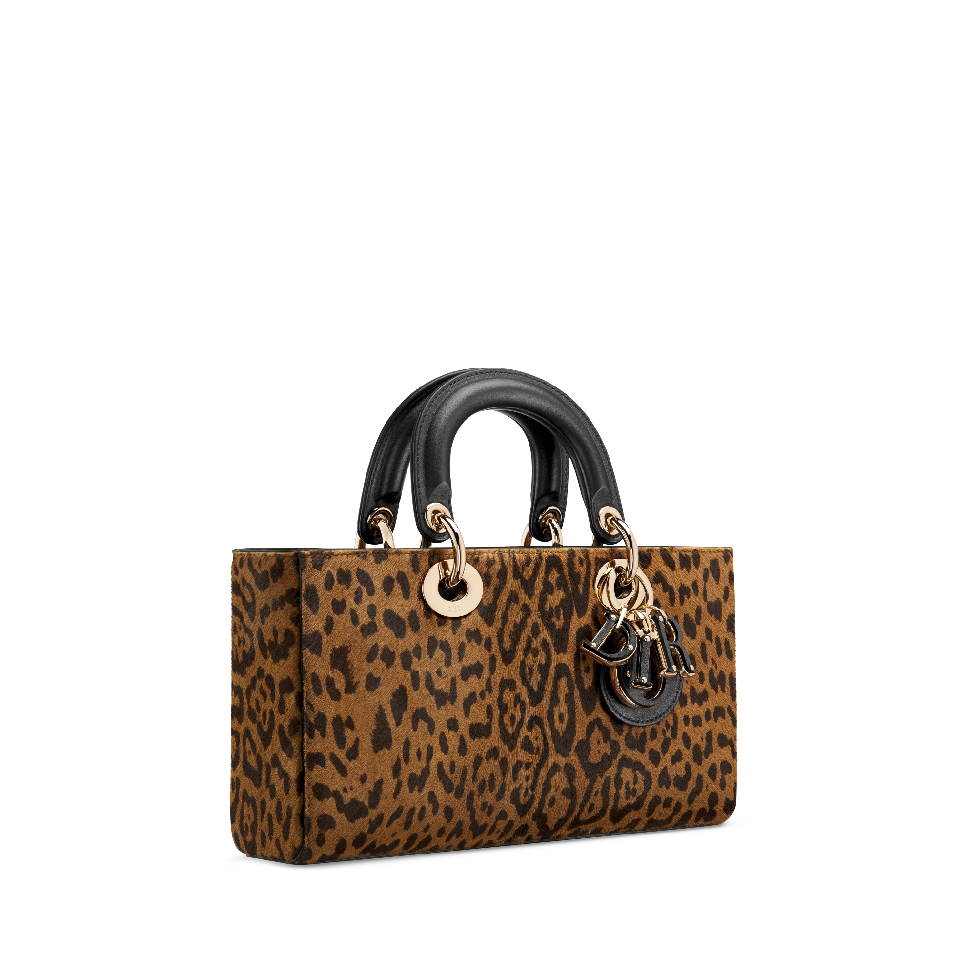 Medium Lady D-Joy Bag Camel Pony Hair Calfskin with Brown Leopard Motif E03